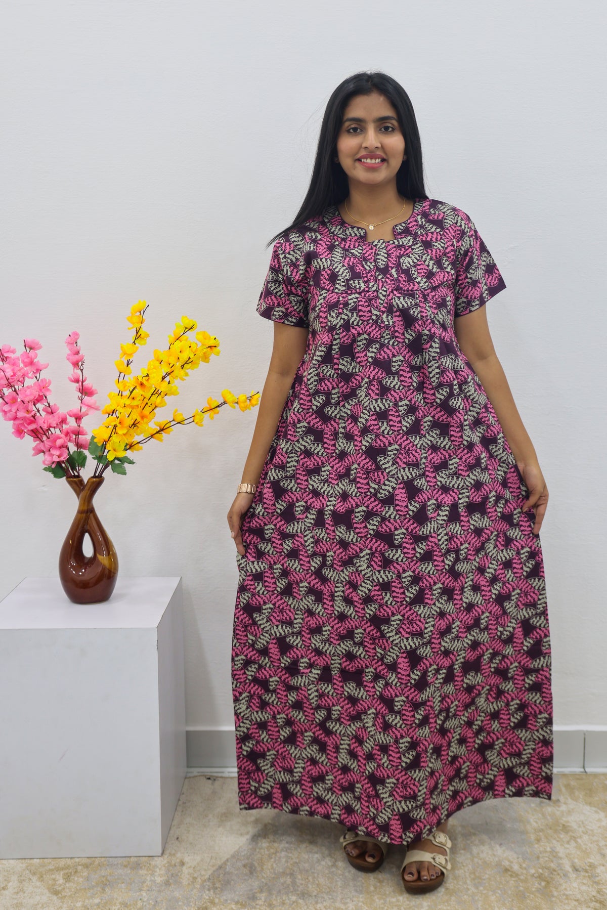 MANGAI Cotton Printed Pleated Nighties - All Over Printed Stylish Nighties | Side Cut Pocket | Front Open Zipper Type | Beautiful Nighties for Stylish Women's (SLB-P)