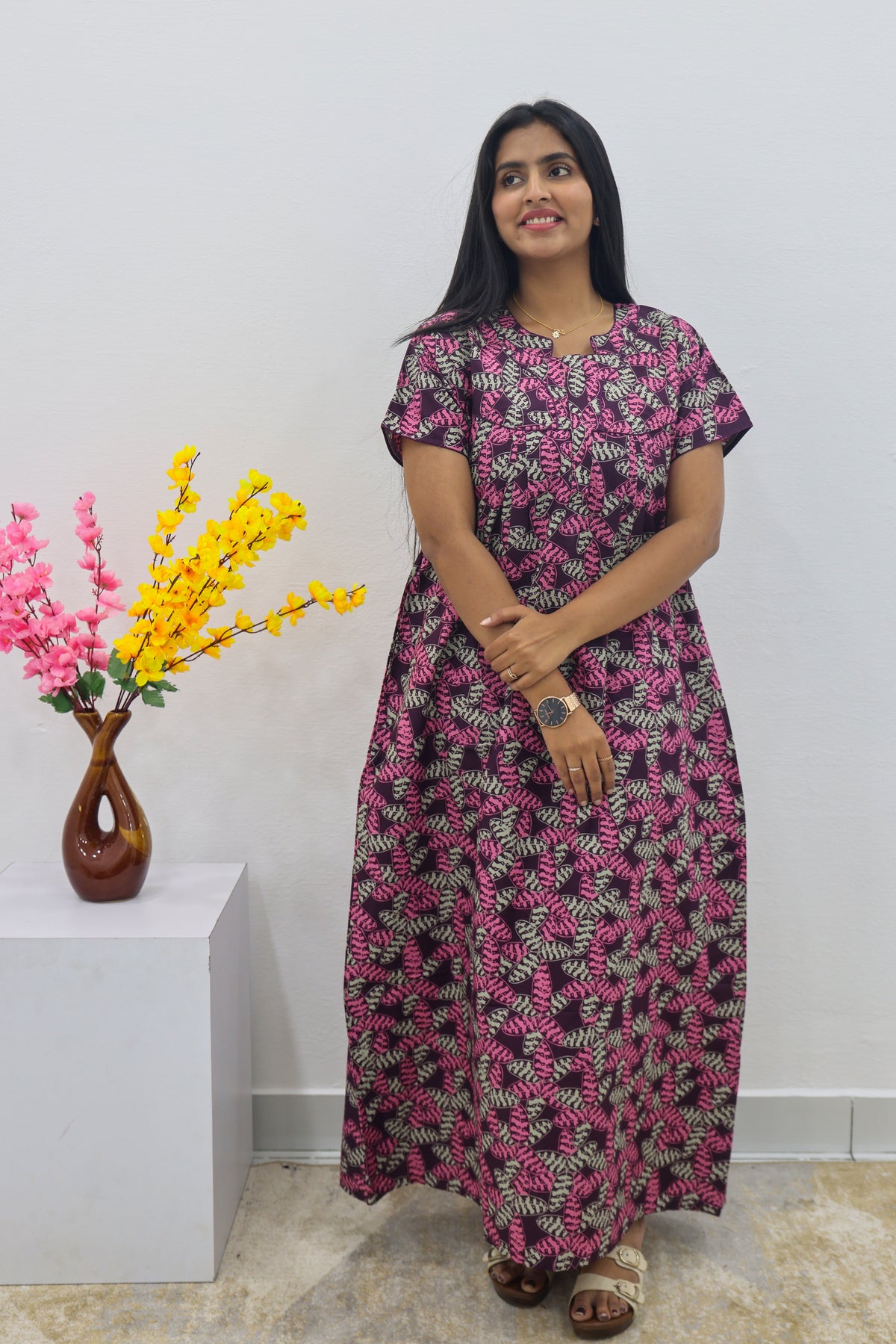 MANGAI Cotton Printed Pleated Nighties - All Over Printed Stylish Nighties | Side Cut Pocket | Front Open Zipper Type | Beautiful Nighties for Stylish Women's (SLB-P)