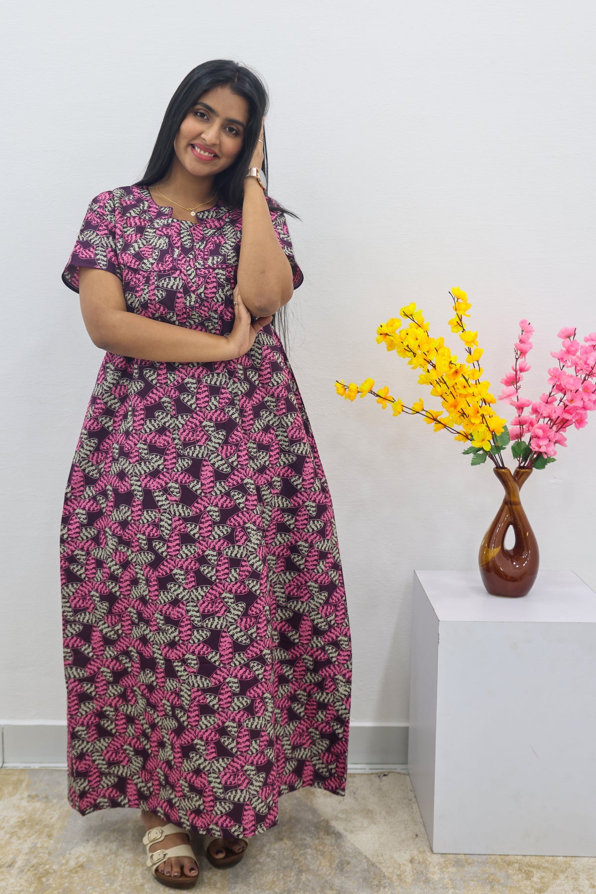 MANGAI Cotton Printed Pleated Nighties - All Over Printed Stylish Nighties | Side Cut Pocket | Front Open Zipper Type | Beautiful Nighties for Stylish Women's (SLB-P)