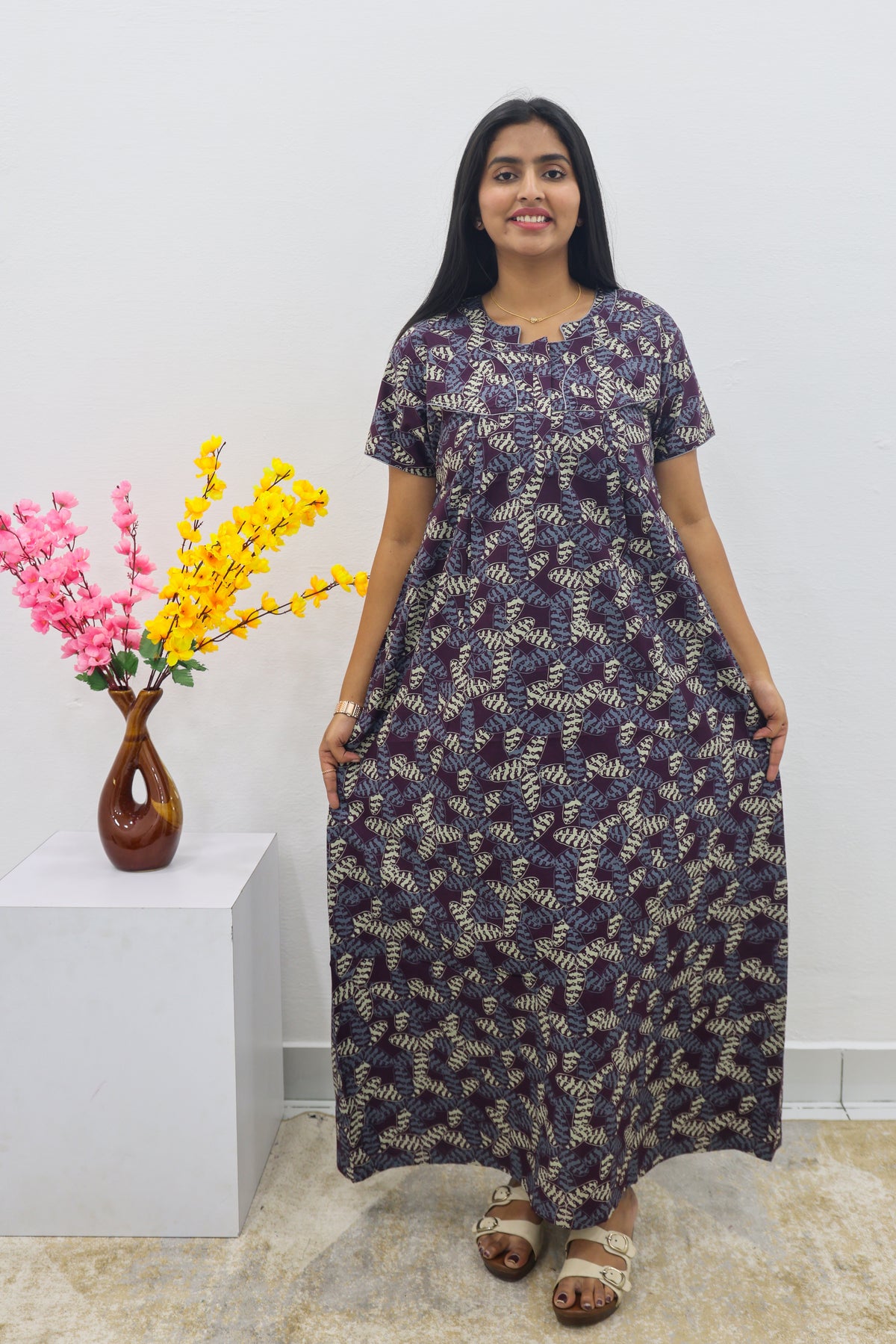 MANGAI Cotton Printed Pleated Nighties - All Over Printed Stylish Nighties | Side Cut Pocket | Front Open Zipper Type | Beautiful Nighties for Stylish Women's (SLB-P)