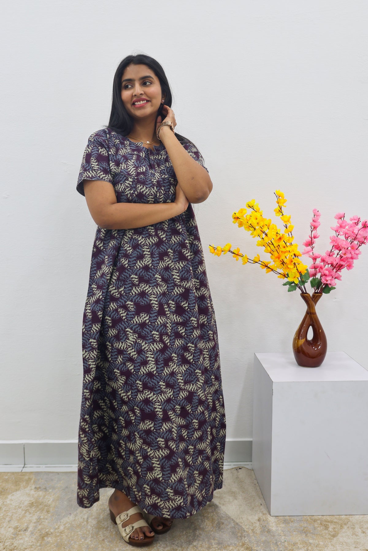 MANGAI Cotton Printed Pleated Nighties - All Over Printed Stylish Nighties | Side Cut Pocket | Front Open Zipper Type | Beautiful Nighties for Stylish Women's (SLB-P)