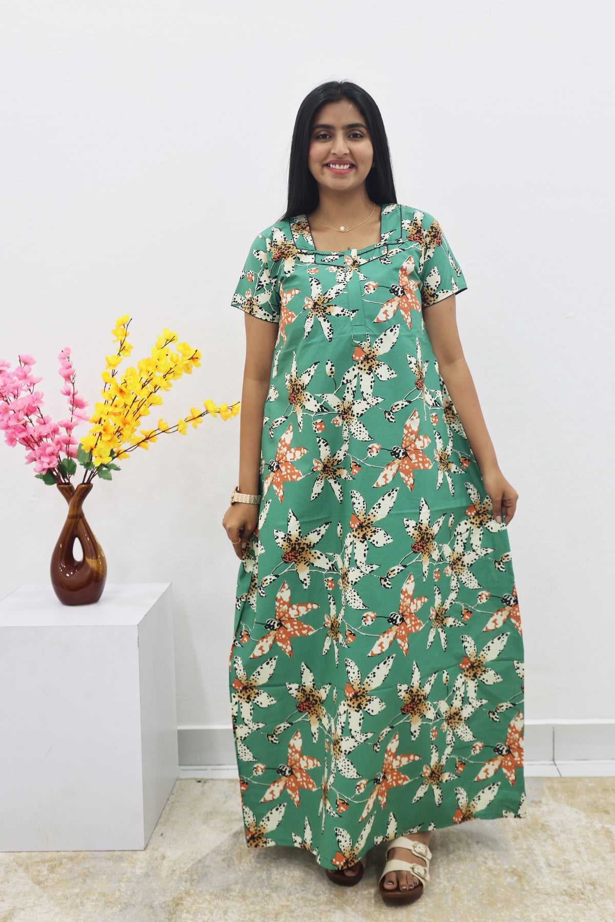 MANGAI New Regular Fit Cotton Printed Nighties - All Over Printed Stylish Nightwear for Stylish Women | Side Cut Pocket | Beautiful Nighties for Stylish Women's | Colourful Printed Cotton Nighties (SLB)