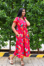 Rayon Colourful Foil Printing Gathering Frock Model Nighties | Side Pocket and Gathering Front Rope | Fancy Sleeve & Maxi Frock Nightwear for Stylish Women's (FGF)