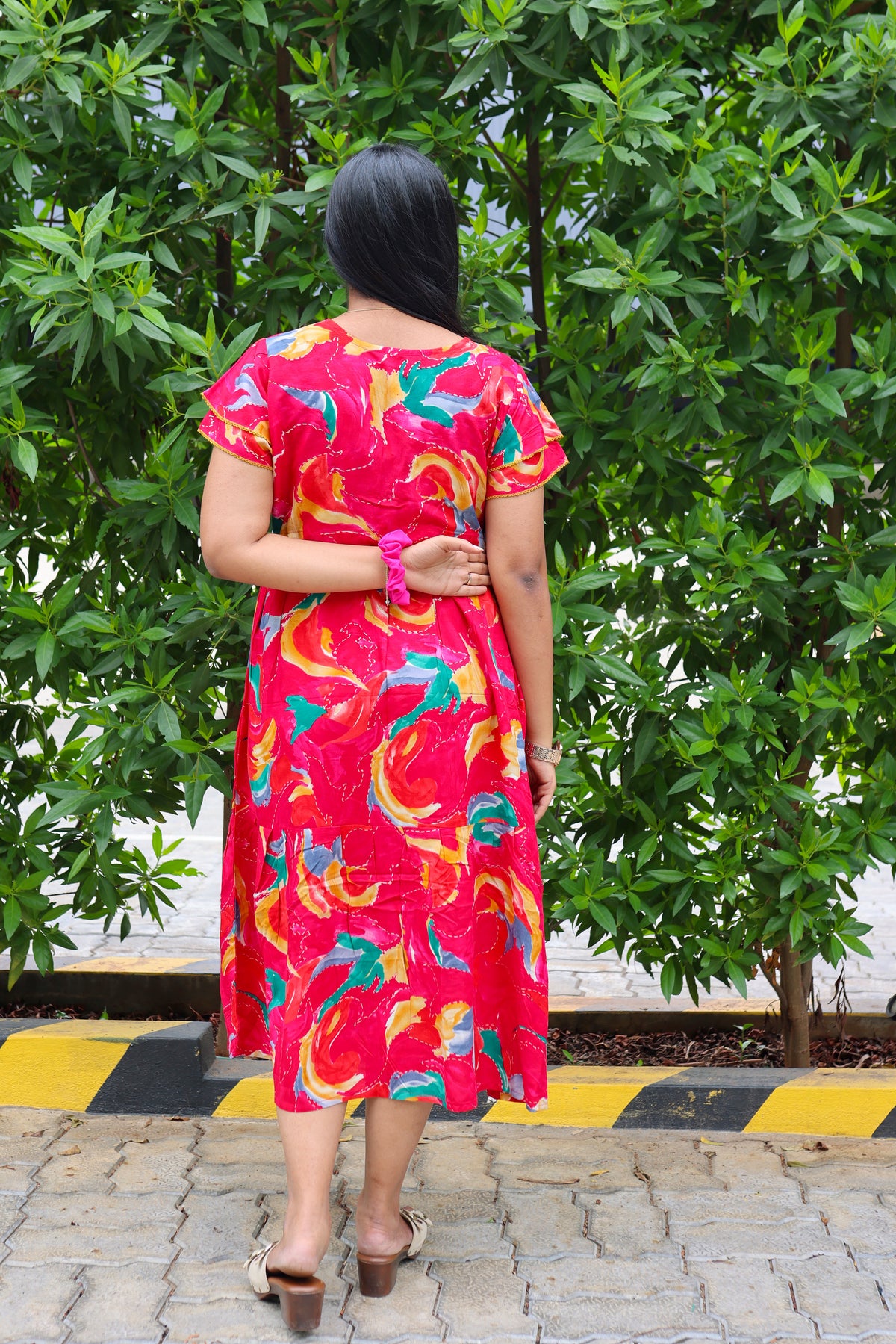 Rayon Colourful Foil Printing Gathering Frock Model Nighties | Side Pocket and Gathering Front Rope | Fancy Sleeve & Maxi Frock Nightwear for Stylish Women's (FGF)