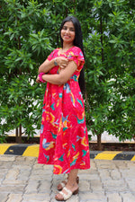 Rayon Colourful Foil Printing Gathering Frock Model Nighties | Side Pocket and Gathering Front Rope | Fancy Sleeve & Maxi Frock Nightwear for Stylish Women's (FGF)