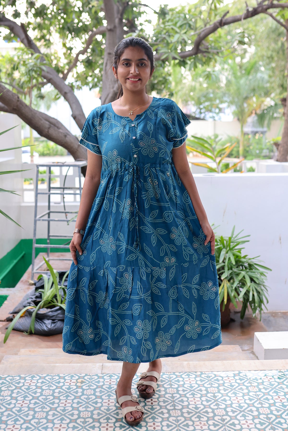 Rayon Colourful Foil Printing Gathering Frock Model Nighties | Side Pocket and Gathering Front Rope | Fancy Sleeve & Maxi Frock Nightwear for Stylish Women's (FGF)