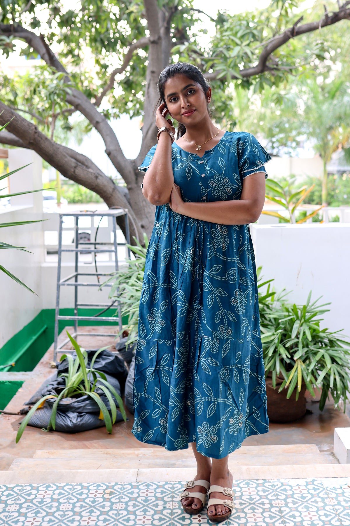 Rayon Colourful Foil Printing Gathering Frock Model Nighties | Side Pocket and Gathering Front Rope | Fancy Sleeve & Maxi Frock Nightwear for Stylish Women's (FGF)