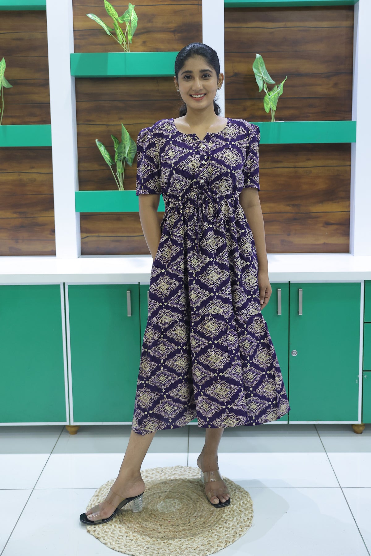 Rayon Colourful Foil Printing Gathering Frock Model Nighties | Side Pocket and Gathering Front Rope | Fancy Sleeve & Maxi Frock Nightwear for Stylish Women's (FGF)