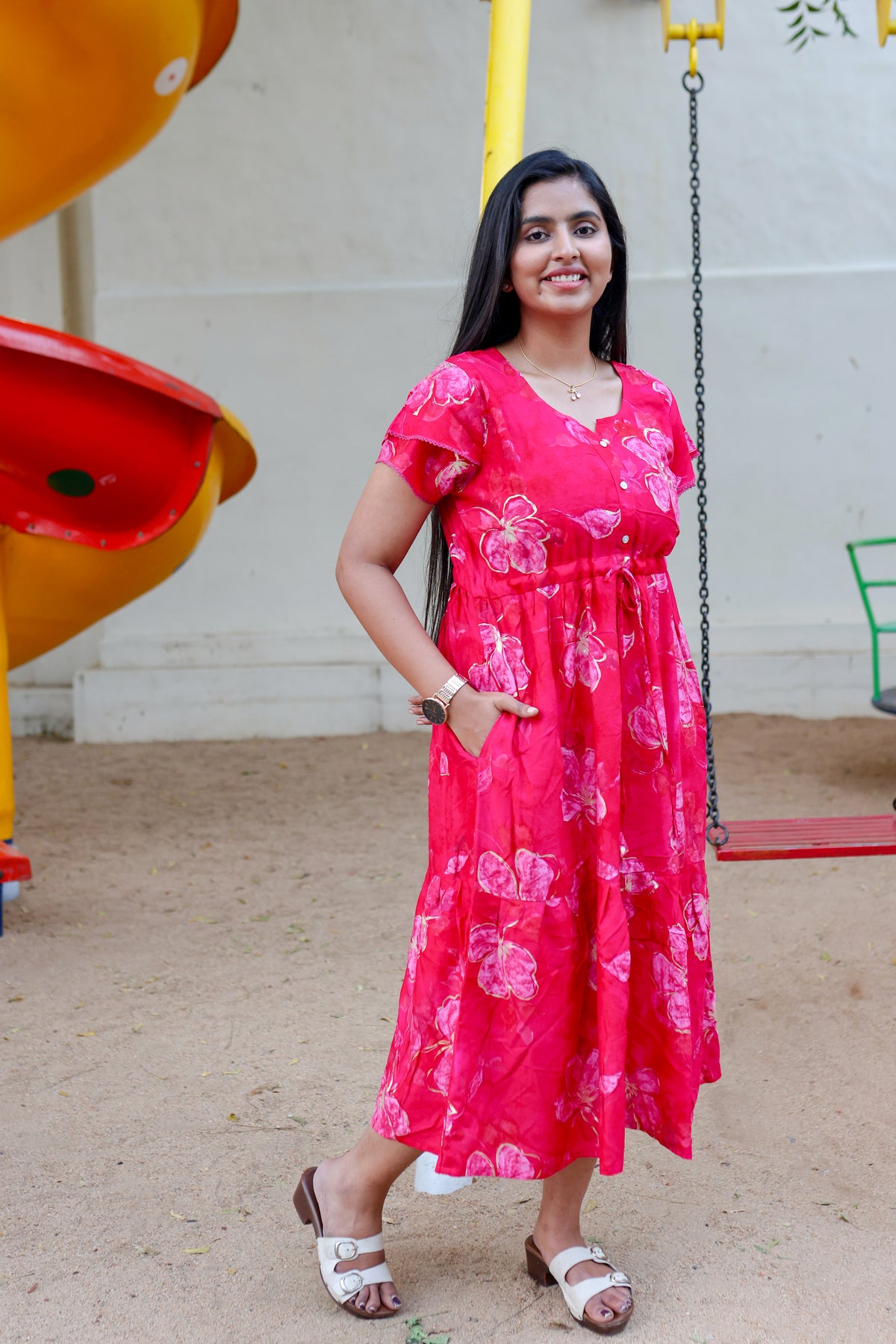 Rayon Colourful Foil Printing Gathering Frock Model Nighties | Side Pocket and Gathering Front Rope | Fancy Sleeve & Maxi Frock Nightwear for Stylish Women's (FGF)