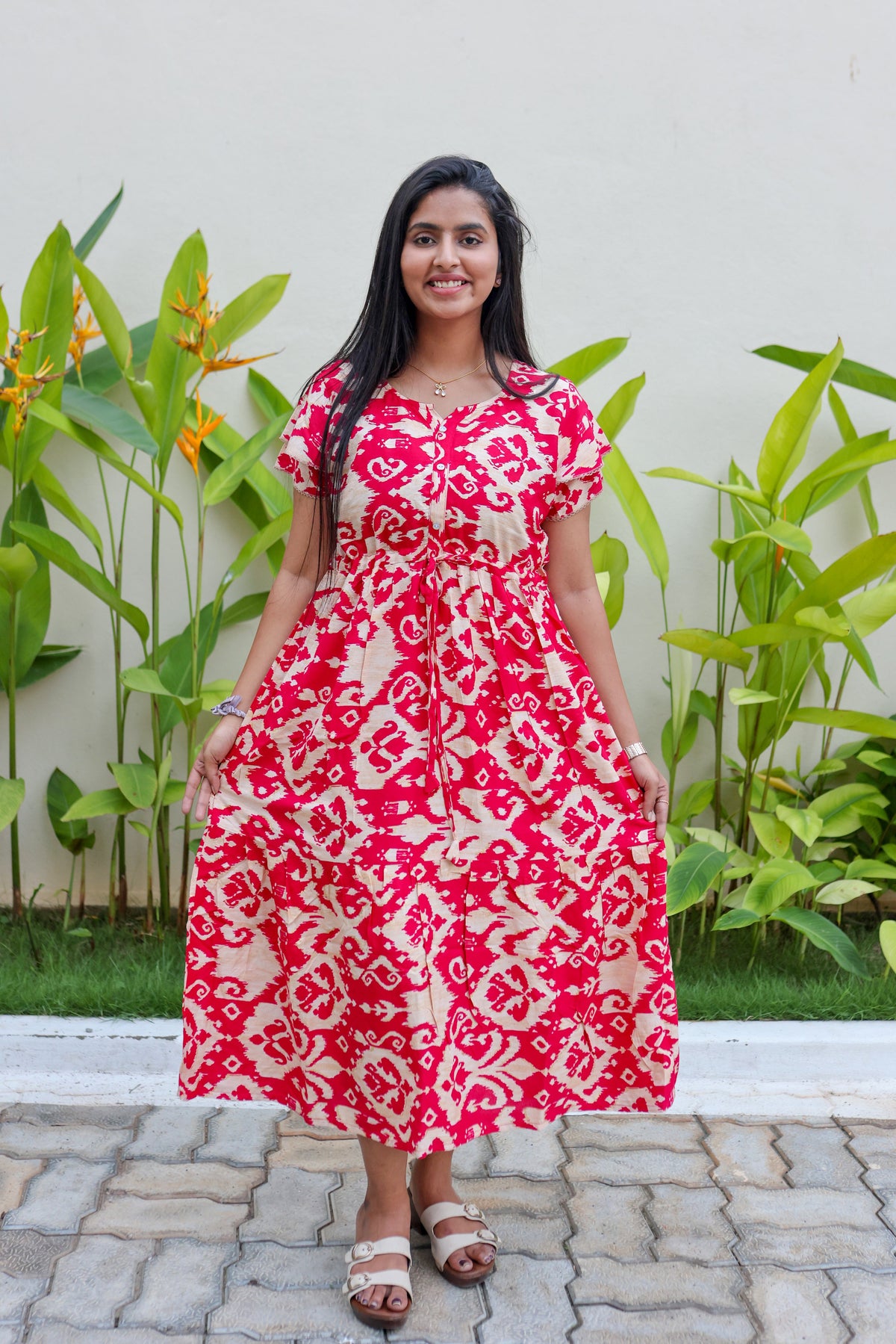 Rayon Colourful Foil Printing Gathering Frock Model Nighties | Side Pocket and Gathering Front Rope | Fancy Sleeve & Maxi Frock Nightwear for Stylish Women's (FGF)