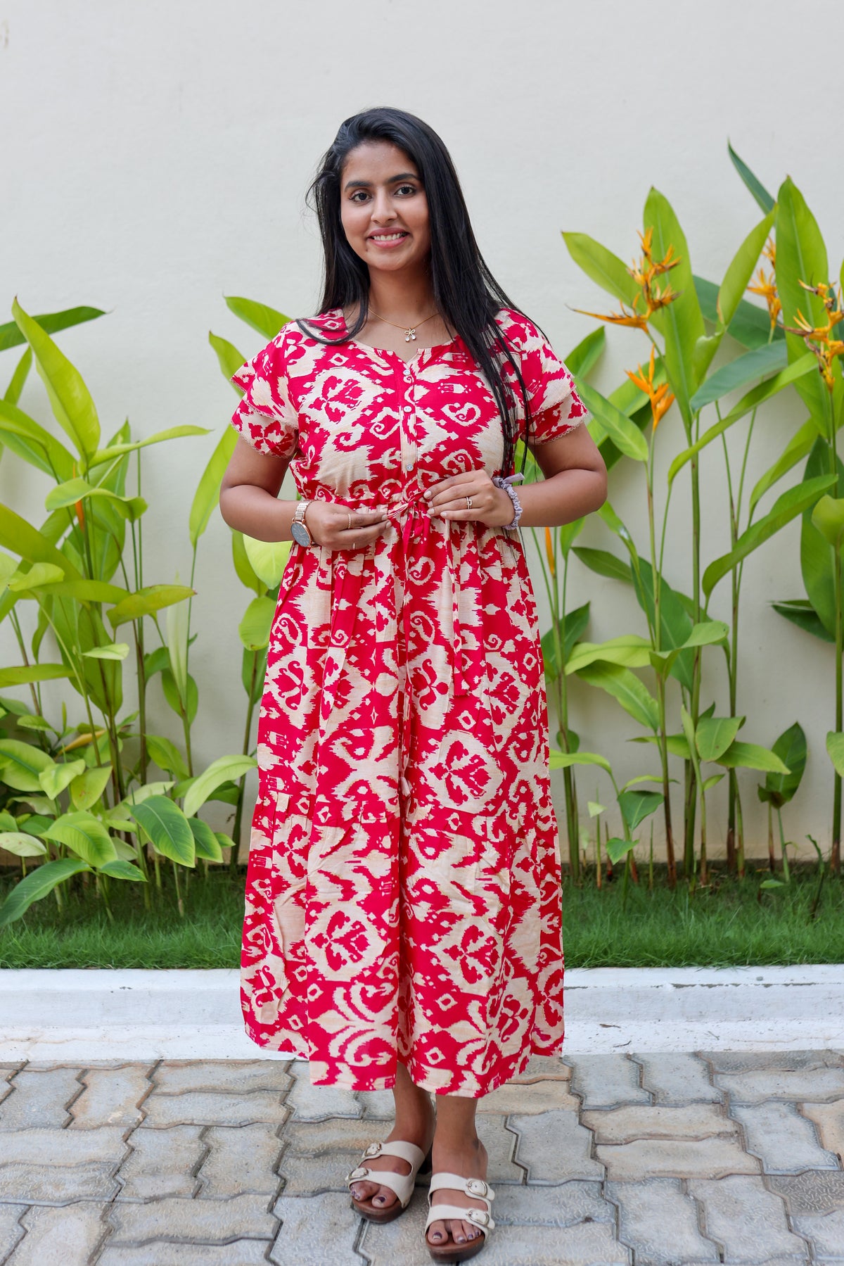 Rayon Colourful Foil Printing Gathering Frock Model Nighties | Side Pocket and Gathering Front Rope | Fancy Sleeve & Maxi Frock Nightwear for Stylish Women's (FGF)