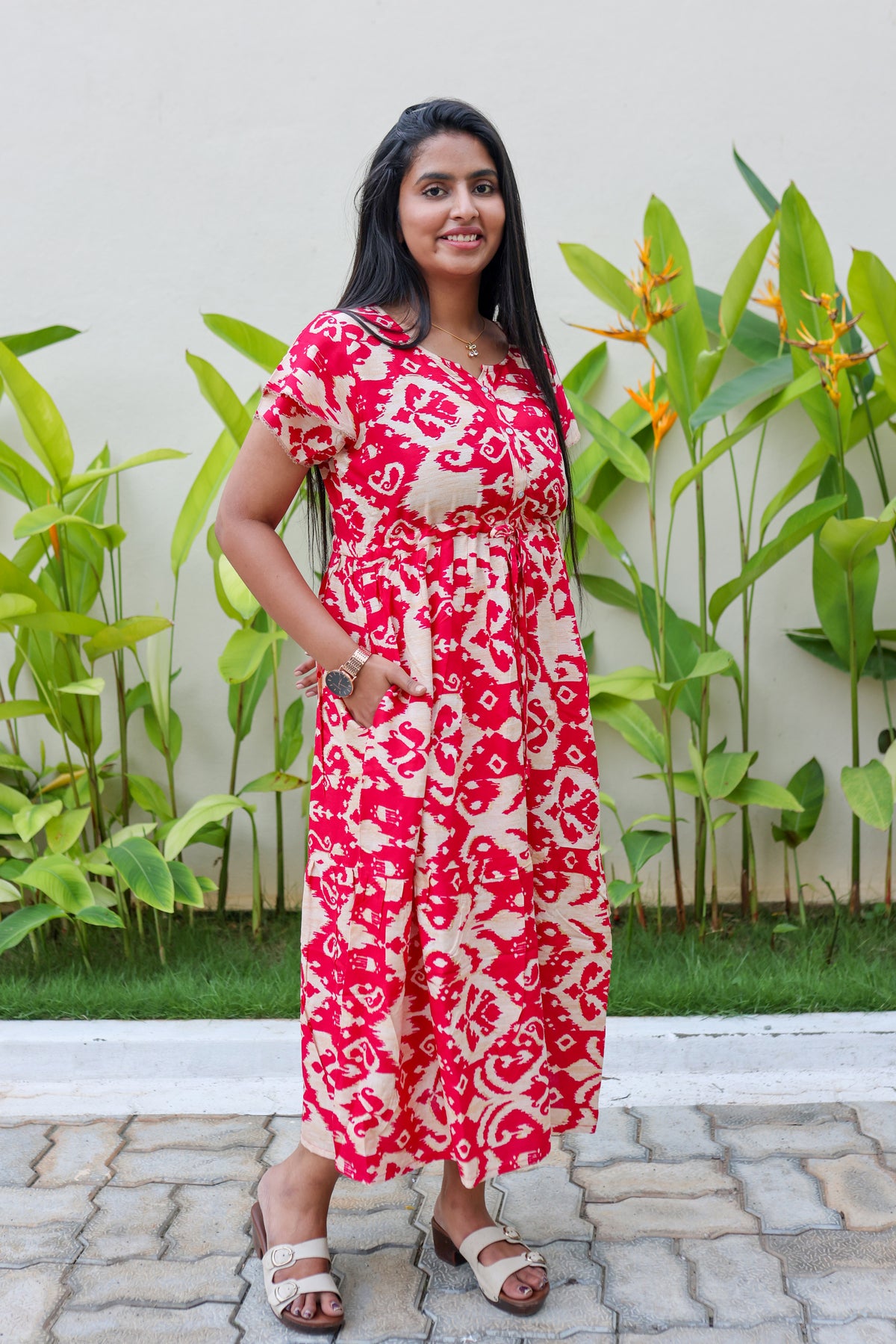 Rayon Colourful Foil Printing Gathering Frock Model Nighties | Side Pocket and Gathering Front Rope | Fancy Sleeve & Maxi Frock Nightwear for Stylish Women's (FGF)