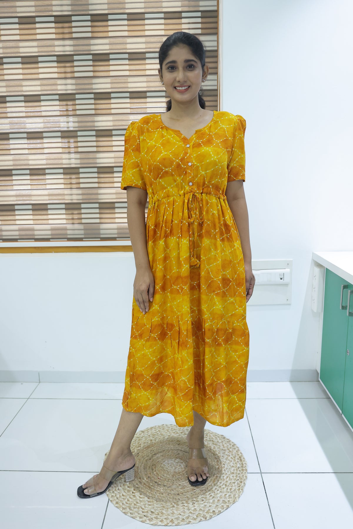 Rayon Colourful Foil Printing Gathering Frock Model Nighties | Side Pocket and Gathering Front Rope | Fancy Sleeve & Maxi Frock Nightwear for Stylish Women's (FGF)