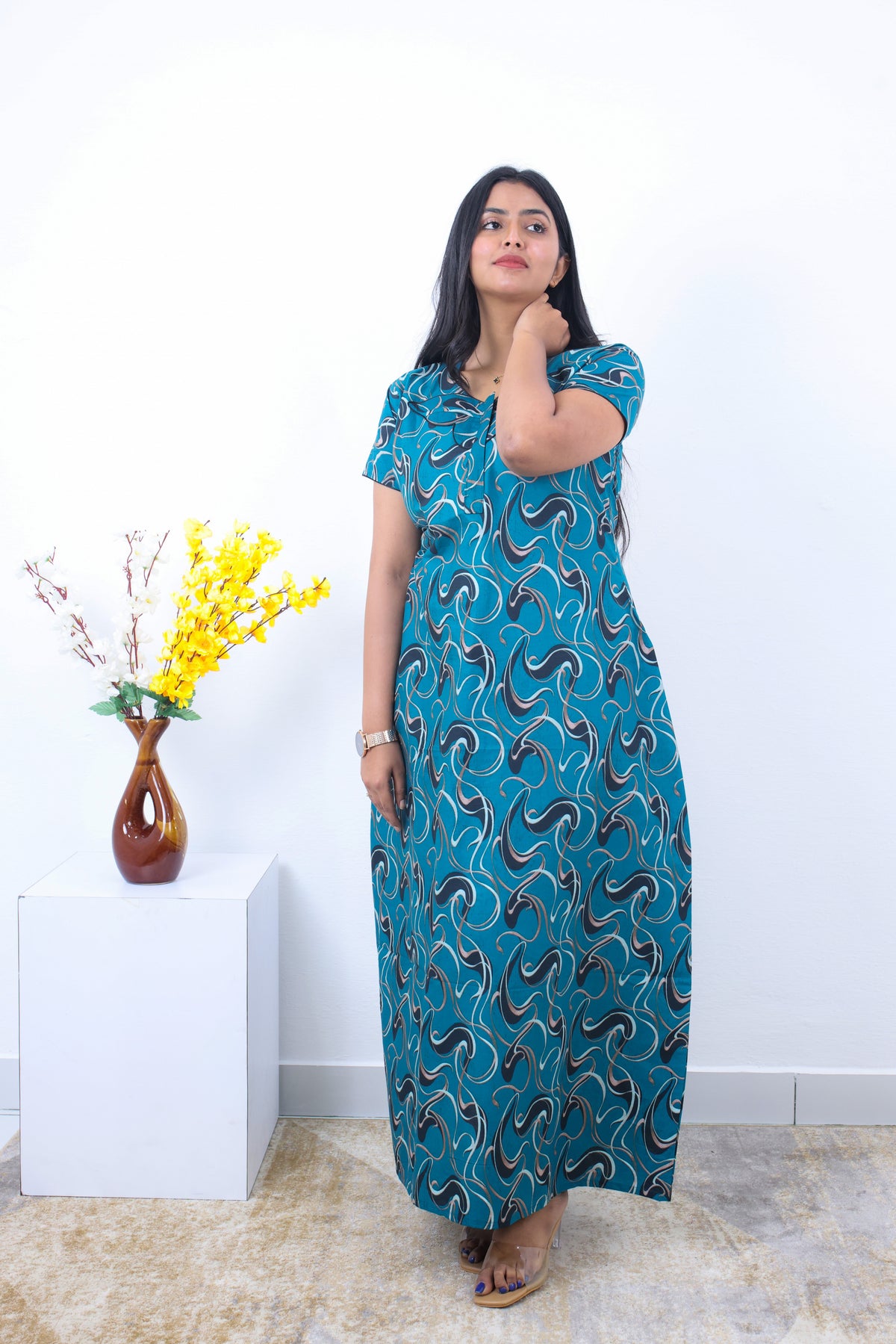 MANGAI New Regular Fit Cotton Printed Nighties - All Over Printed Stylish Nightwear for Stylish Women | Side Cut Pocket | Beautiful Nighties for Stylish Women's | Colourful Printed Cotton Nighties (SLB)