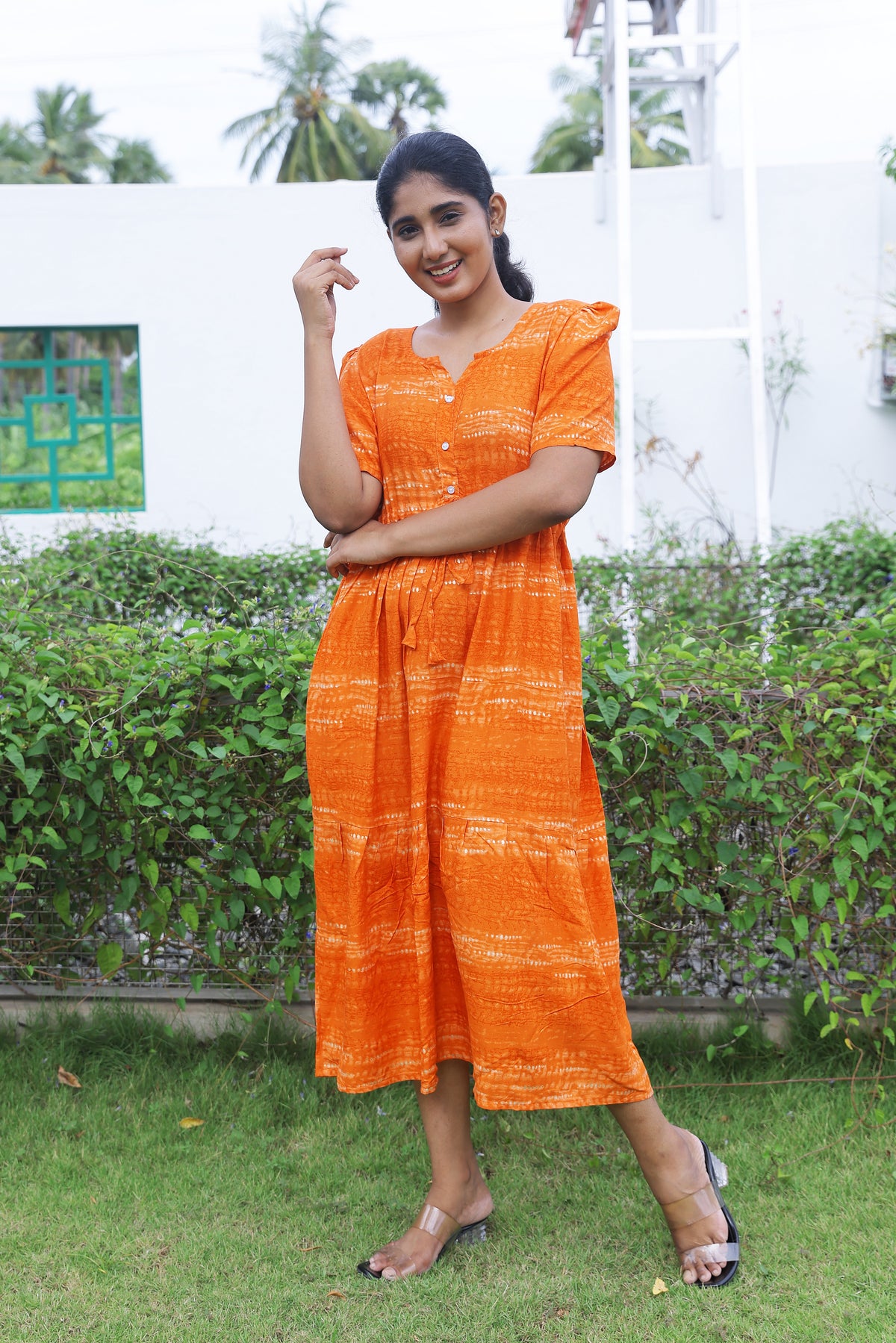 Rayon Colourful Foil Printing Gathering Frock Model Nighties | Side Pocket and Gathering Front Rope | Fancy Sleeve & Maxi Frock Nightwear for Stylish Women's (FGF)