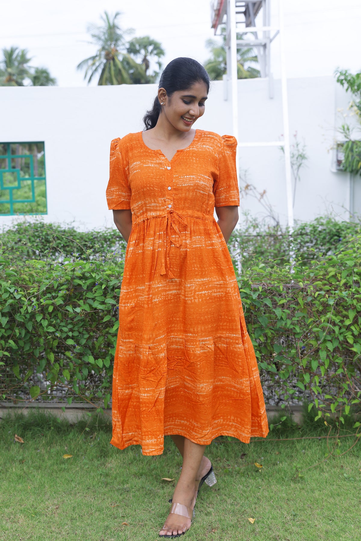Rayon Colourful Foil Printing Gathering Frock Model Nighties | Side Pocket and Gathering Front Rope | Fancy Sleeve & Maxi Frock Nightwear for Stylish Women's (FGF)