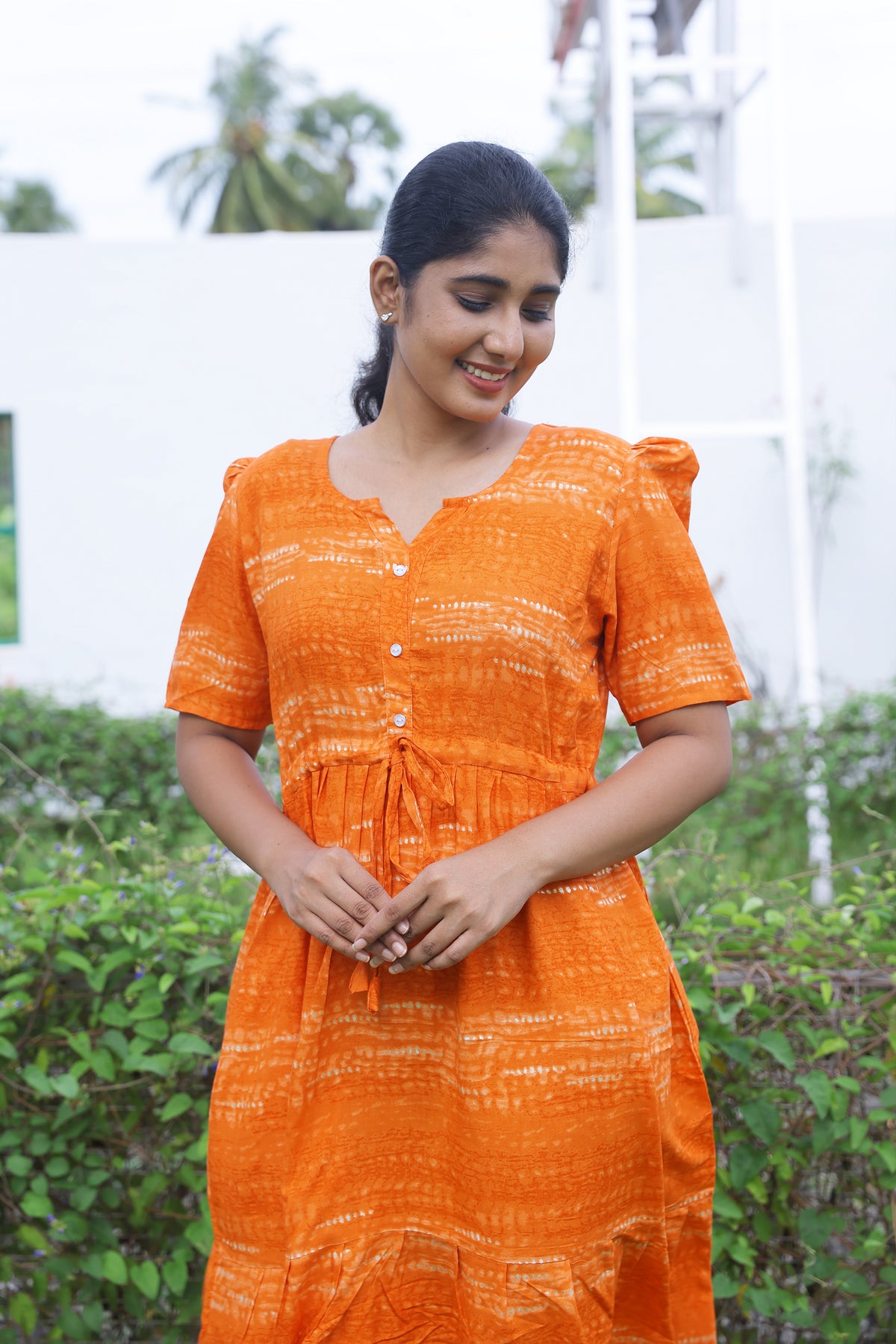 Rayon Colourful Foil Printing Gathering Frock Model Nighties | Side Pocket and Gathering Front Rope | Fancy Sleeve & Maxi Frock Nightwear for Stylish Women's (FGF)