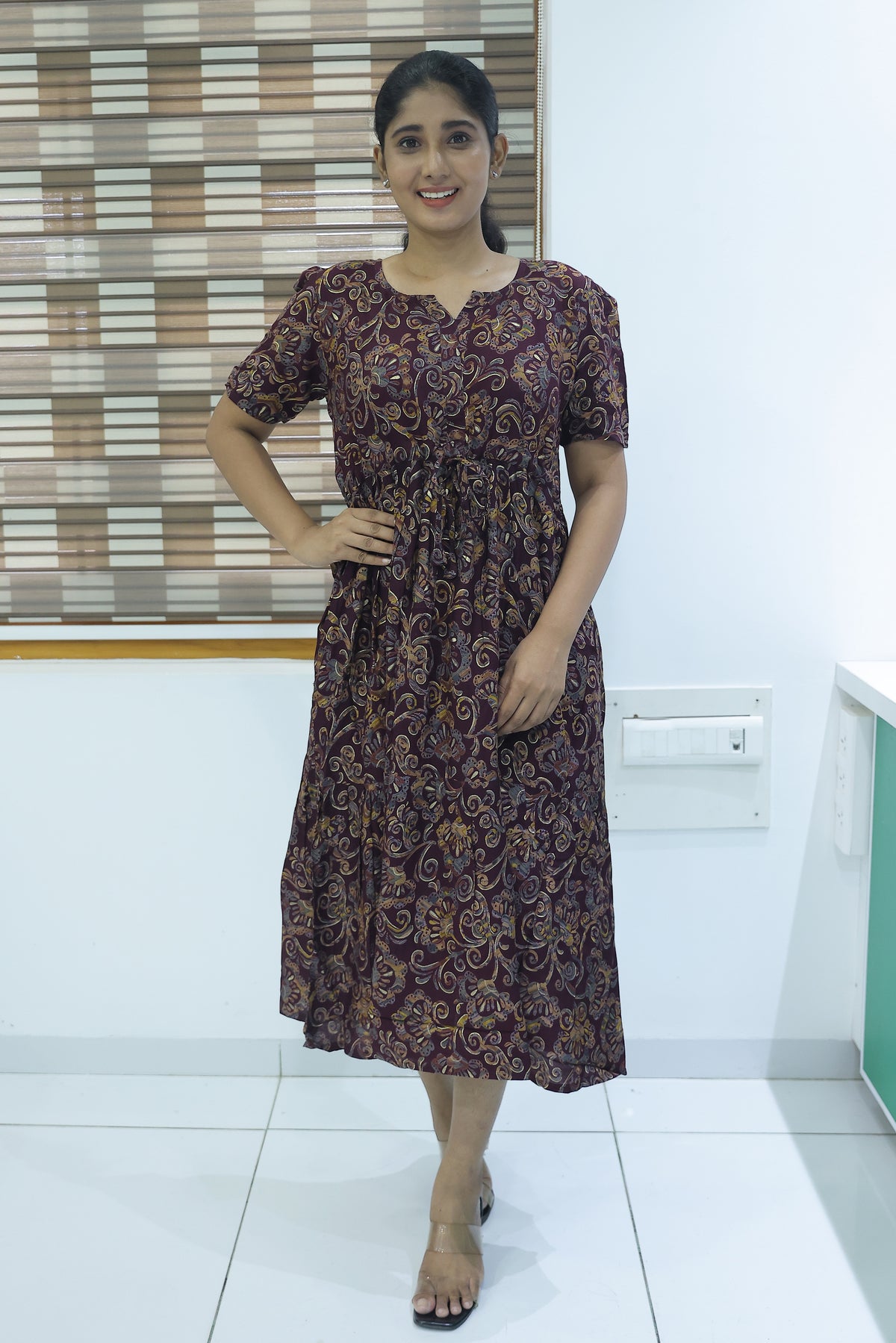 Rayon Colourful Foil Printing Gathering Frock Model Nighties | Side Pocket and Gathering Front Rope | Fancy Sleeve & Maxi Frock Nightwear for Stylish Women's (FGF)