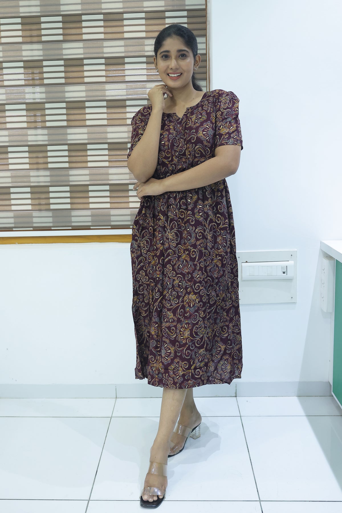 Rayon Colourful Foil Printing Gathering Frock Model Nighties | Side Pocket and Gathering Front Rope | Fancy Sleeve & Maxi Frock Nightwear for Stylish Women's (FGF)