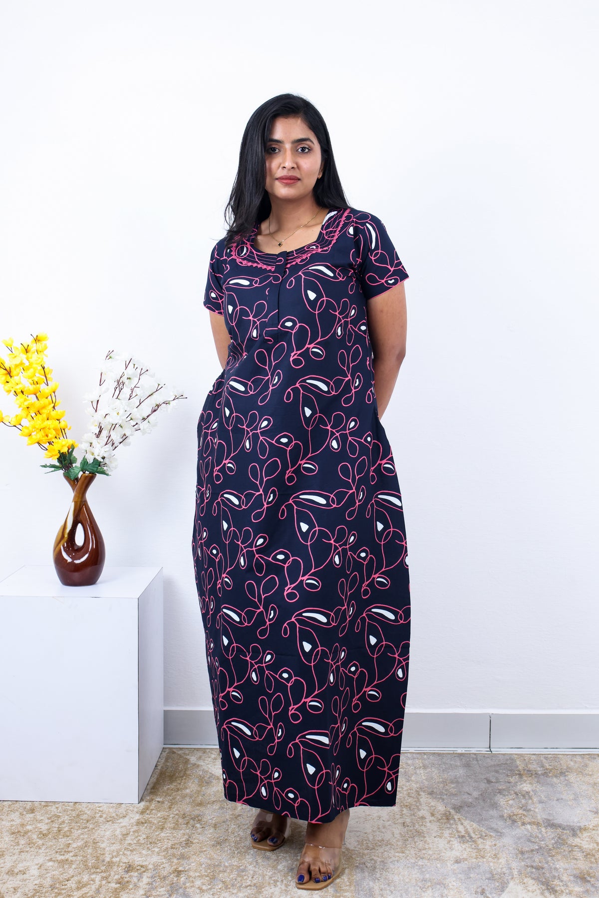 MANGAI Premium Cotton Printed Pleated Model Half Sleeve 3XL Size Nighties - Fancy Neck | With Side Pocket |Shrinkage Free Nighties | Trendy Collection's for Stylish Women's (3PZZ)
