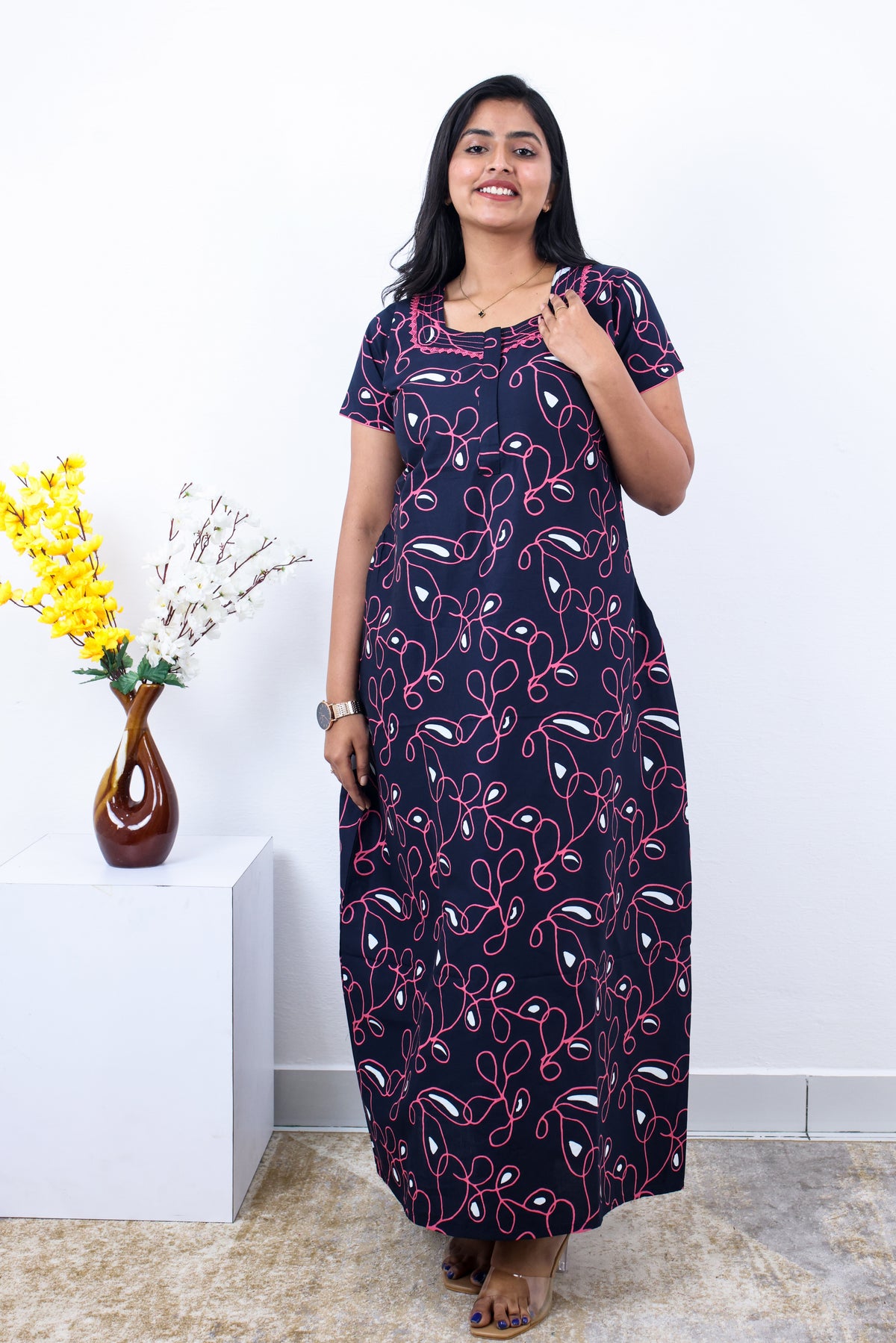 MANGAI Premium Cotton Printed Pleated Model Half Sleeve 3XL Size Nighties - Fancy Neck | With Side Pocket |Shrinkage Free Nighties | Trendy Collection's for Stylish Women's (3PZZ)