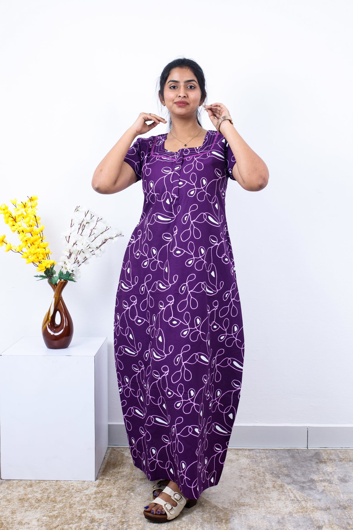 MANGAI Premium Cotton Printed Pleated Model Half Sleeve 3XL Size Nighties - Fancy Neck | With Side Pocket |Shrinkage Free Nighties | Trendy Collection's for Stylish Women's (3PZZ)