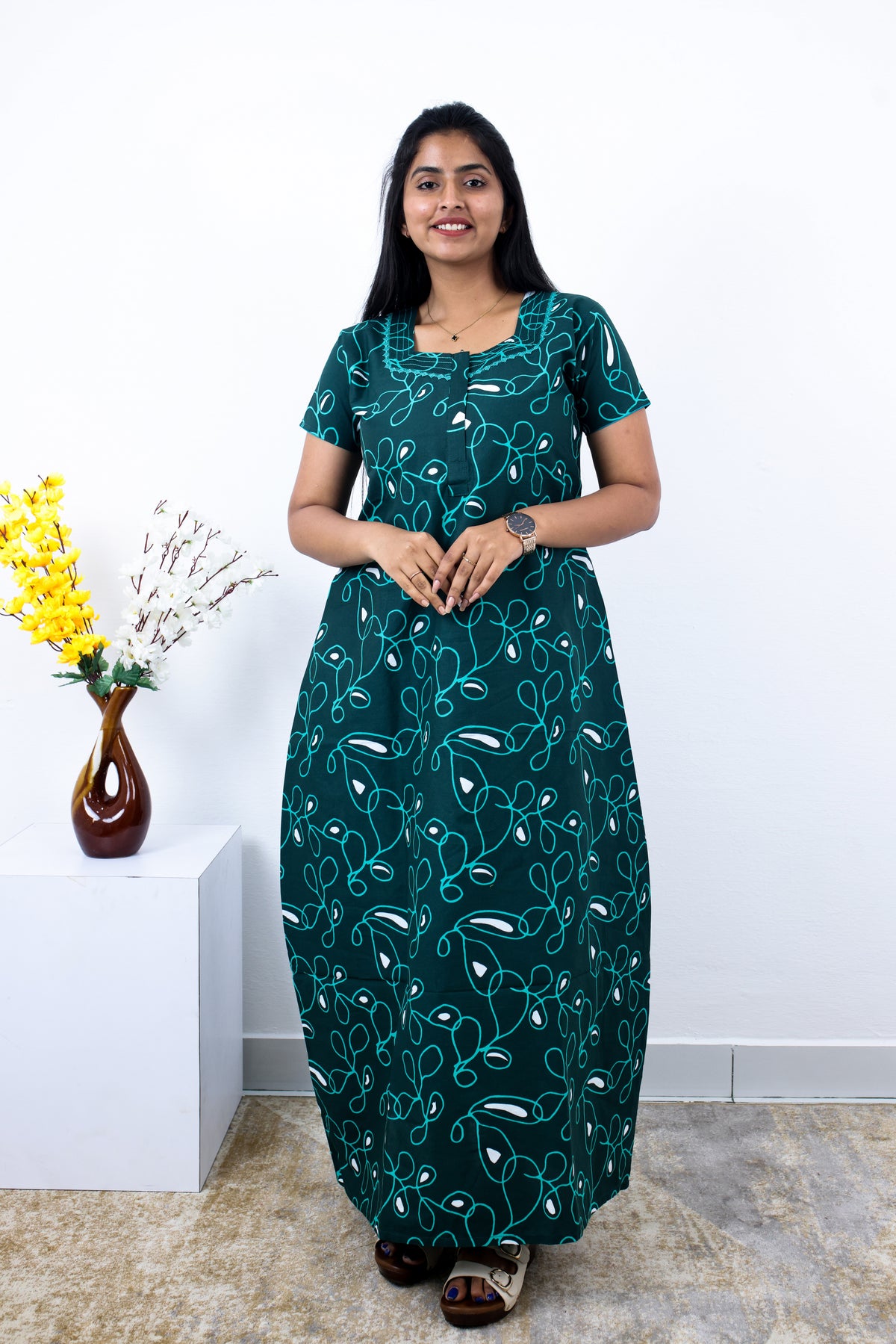 MANGAI Premium Cotton Printed Pleated Model Half Sleeve 3XL Size Nighties - Fancy Neck | With Side Pocket |Shrinkage Free Nighties | Trendy Collection's for Stylish Women's (3PZZ)