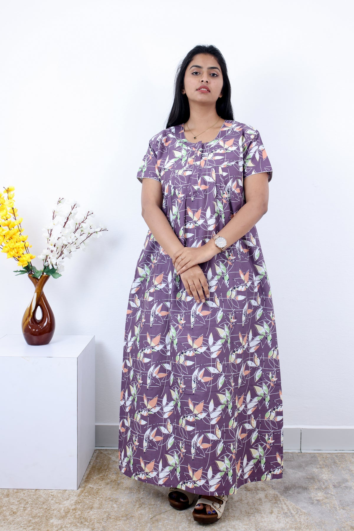 MANGAI Premium Cotton Printed Pleated Model Half Sleeve 3XL Size Nighties - Fancy Neck | With Side Pocket |Shrinkage Free Nighties | Trendy Collection's for Stylish Women's (3PZZ)