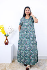 MANGAI Cotton Printed Pleated Nighties - All Over Printed Stylish Nighties | Side Cut Pocket | Front Open Zipper Type | Beautiful Nighties for Stylish Women's (SLB-P)
