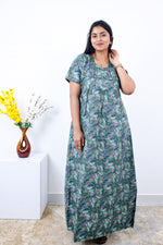 MANGAI Cotton Printed Pleated Nighties - All Over Printed Stylish Nighties | Side Cut Pocket | Front Open Zipper Type | Beautiful Nighties for Stylish Women's (SLB-P)