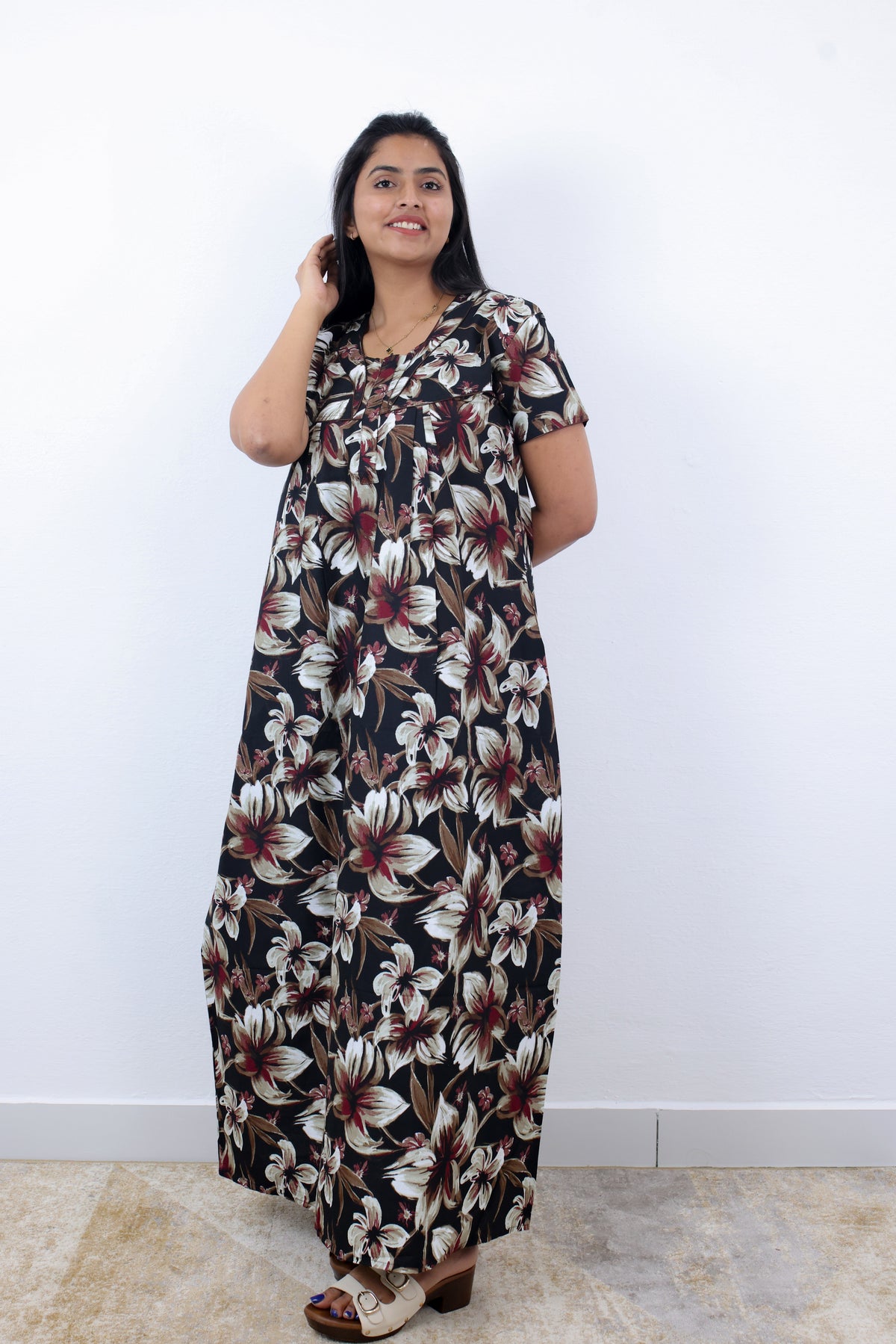 MANGAI Premium Cotton Printed Pleated Model Half Sleeve 3XL Size Nighties - Fancy Neck | With Side Pocket |Shrinkage Free Nighties | Trendy Collection's for Stylish Women's (3PZZ)