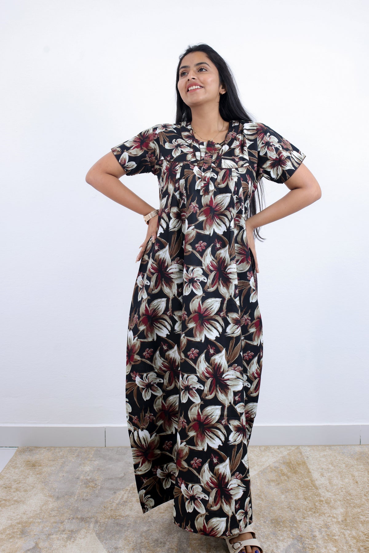 MANGAI Premium Cotton Printed Pleated Model Half Sleeve 3XL Size Nighties - Fancy Neck | With Side Pocket |Shrinkage Free Nighties | Trendy Collection's for Stylish Women's (3PZZ)