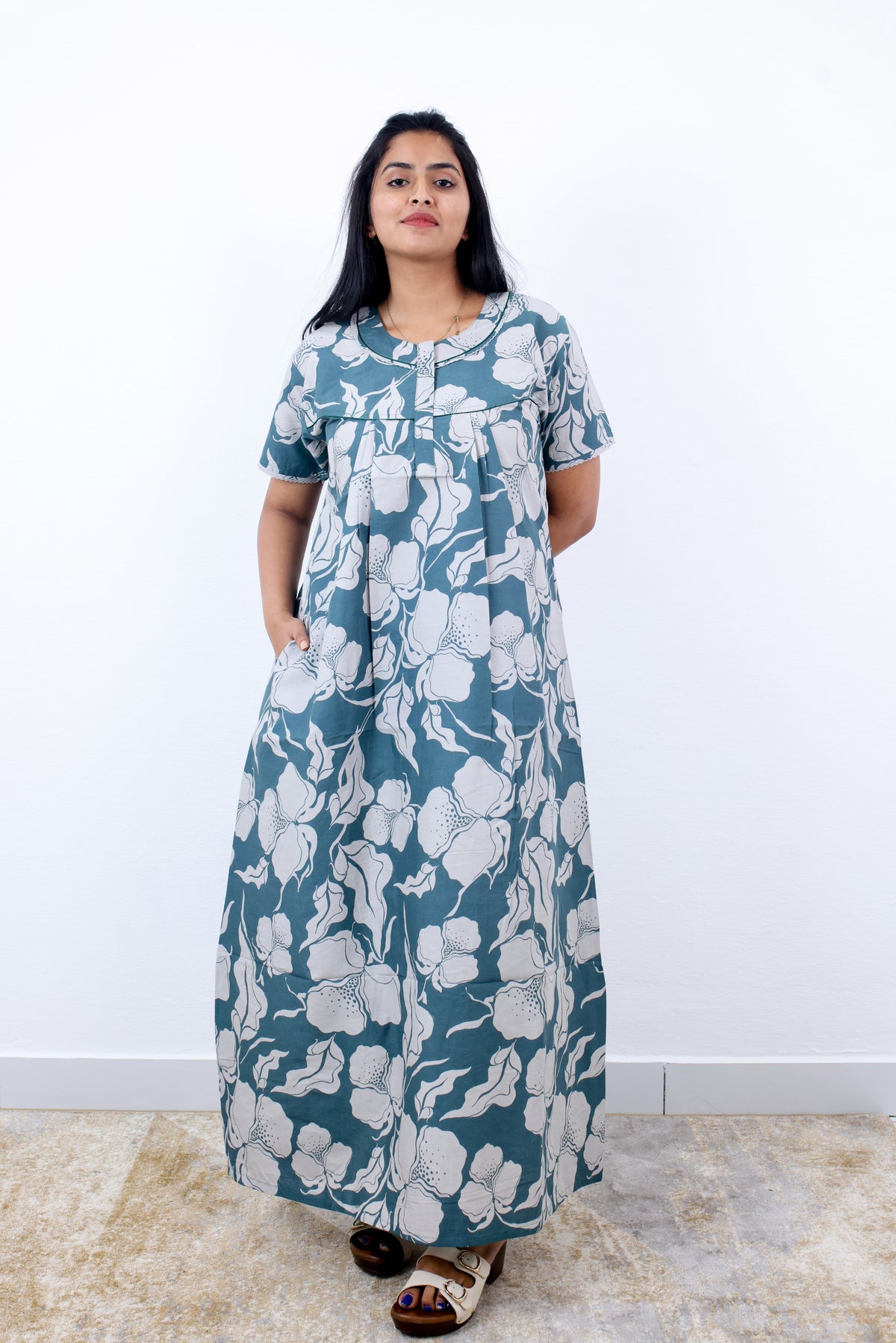MANGAI Cotton Printed Pleated Nighties - All Over Printed Stylish Nighties | Side Cut Pocket | Front Open Zipper Type | Beautiful Nighties for Stylish Women's (SLB-P)
