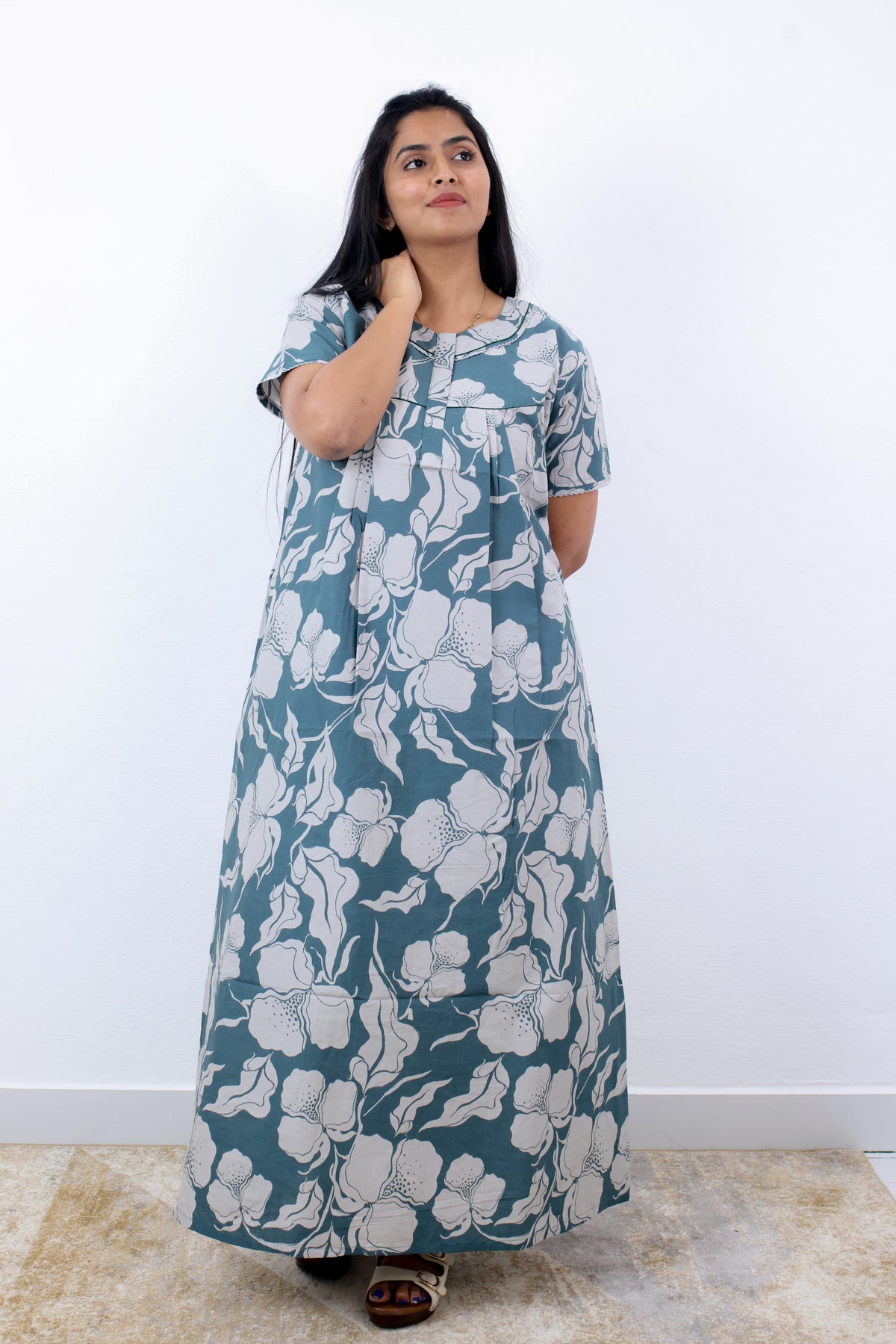 MANGAI Premium Cotton Printed Pleated Model Half Sleeve 3XL Size Nighties - Fancy Neck | With Side Pocket |Shrinkage Free Nighties | Trendy Collection's for Stylish Women's (3PZZ)