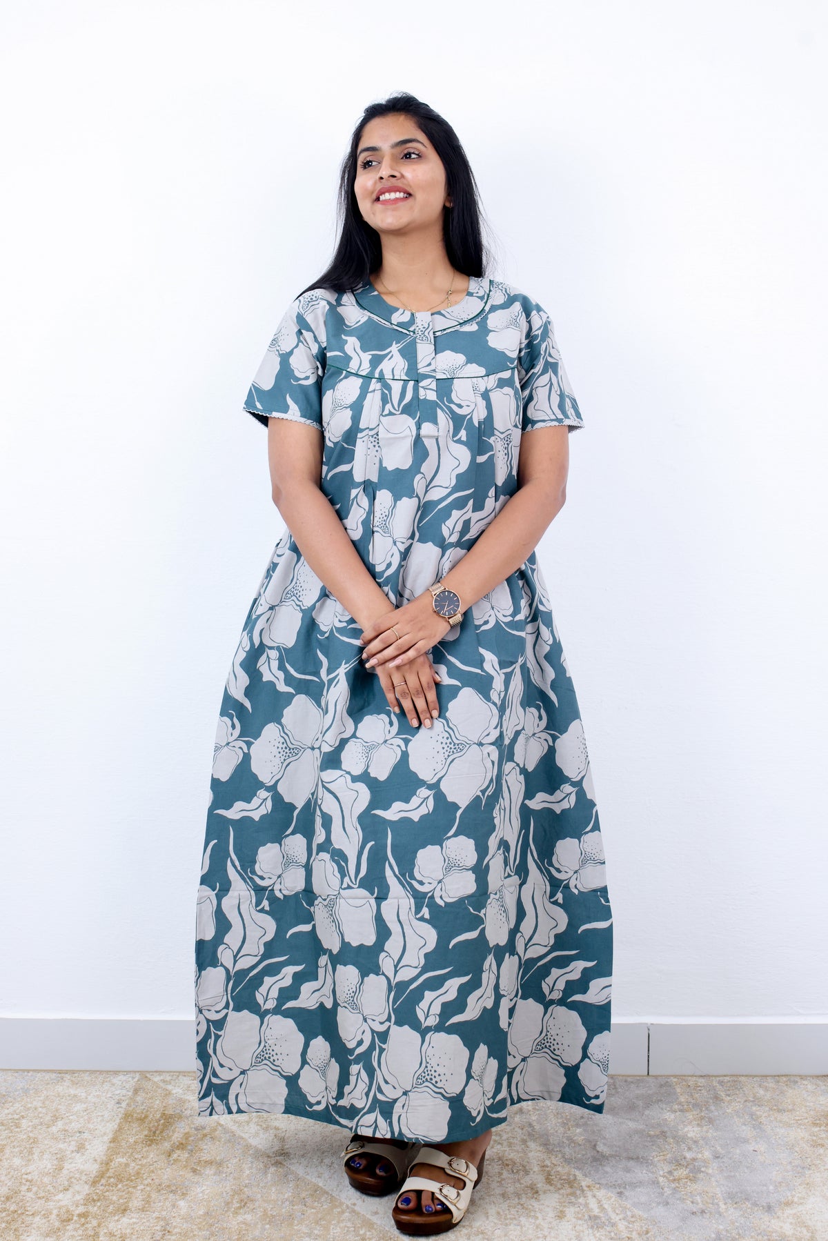 MANGAI Cotton Printed Pleated Nighties - All Over Printed Stylish Nighties | Side Cut Pocket | Front Open Zipper Type | Beautiful Nighties for Stylish Women's (SLB-P)