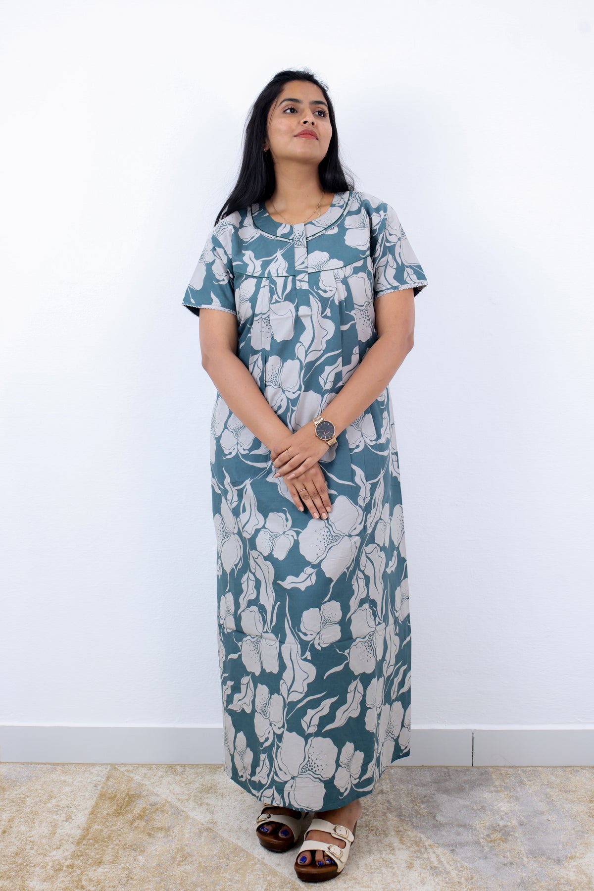 MANGAI Premium Cotton Printed Pleated Model Half Sleeve 3XL Size Nighties - Fancy Neck | With Side Pocket |Shrinkage Free Nighties | Trendy Collection's for Stylish Women's (3PZZ)