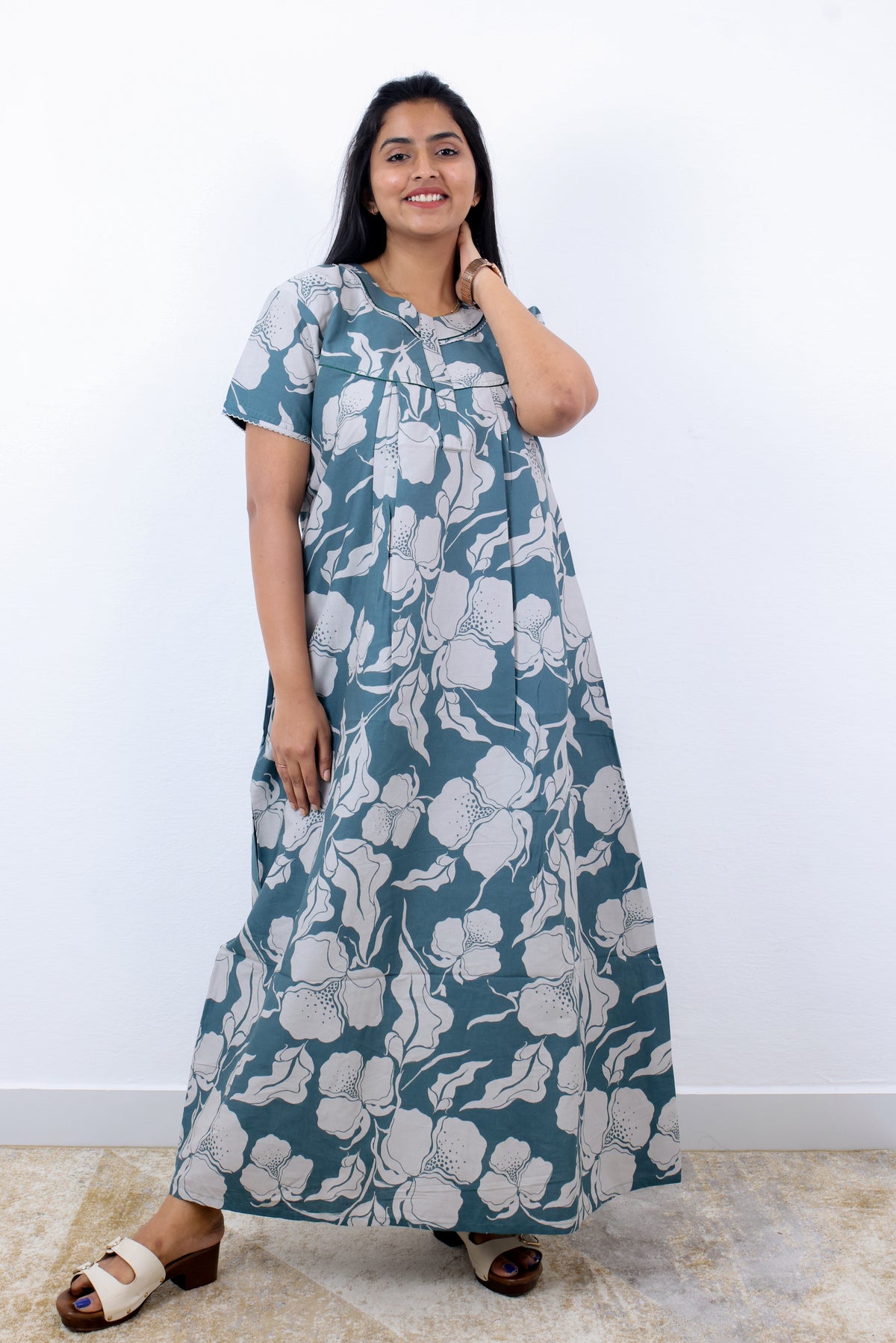 MANGAI Premium Cotton Printed Pleated Model Half Sleeve 3XL Size Nighties - Fancy Neck | With Side Pocket |Shrinkage Free Nighties | Trendy Collection's for Stylish Women's (3PZZ)