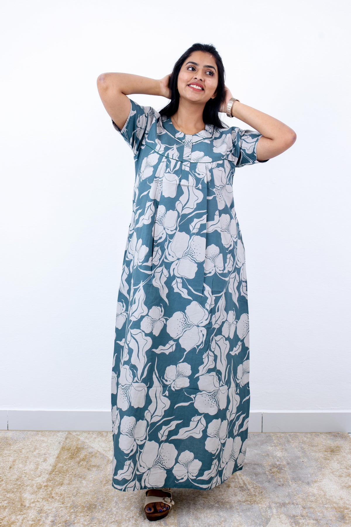 MANGAI Cotton Printed Pleated Nighties - All Over Printed Stylish Nighties | Side Cut Pocket | Front Open Zipper Type | Beautiful Nighties for Stylish Women's (SLB-P)