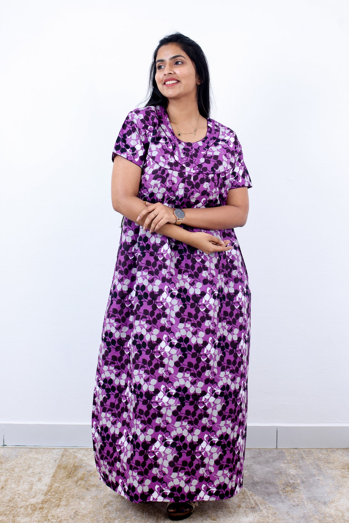 MANGAI Cotton Printed Pleated Nighties - All Over Printed Stylish Nighties | Side Cut Pocket | Front Open Zipper Type | Beautiful Nighties for Stylish Women's (SLB-P)