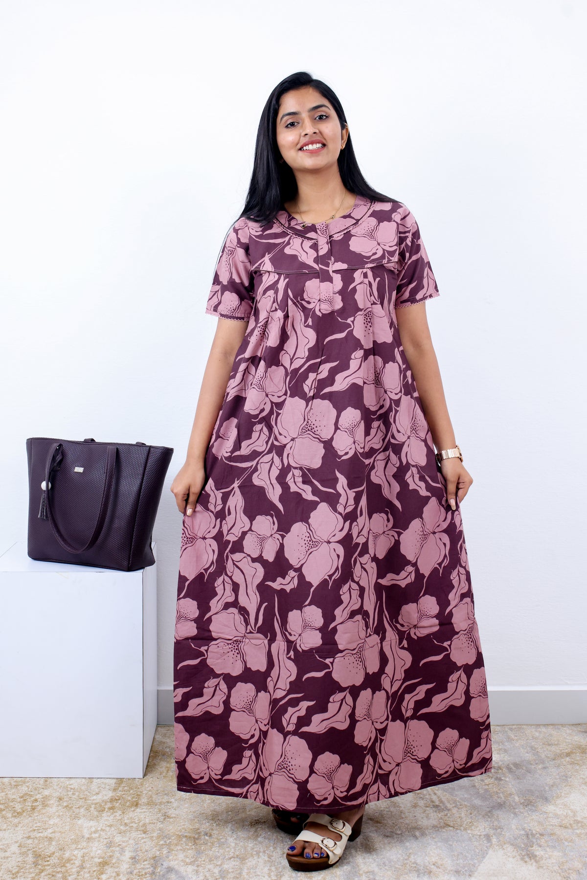 MANGAI Cotton Printed Pleated Nighties - All Over Printed Stylish Nighties | Side Cut Pocket | Front Open Zipper Type | Beautiful Nighties for Stylish Women's (SLB-P)