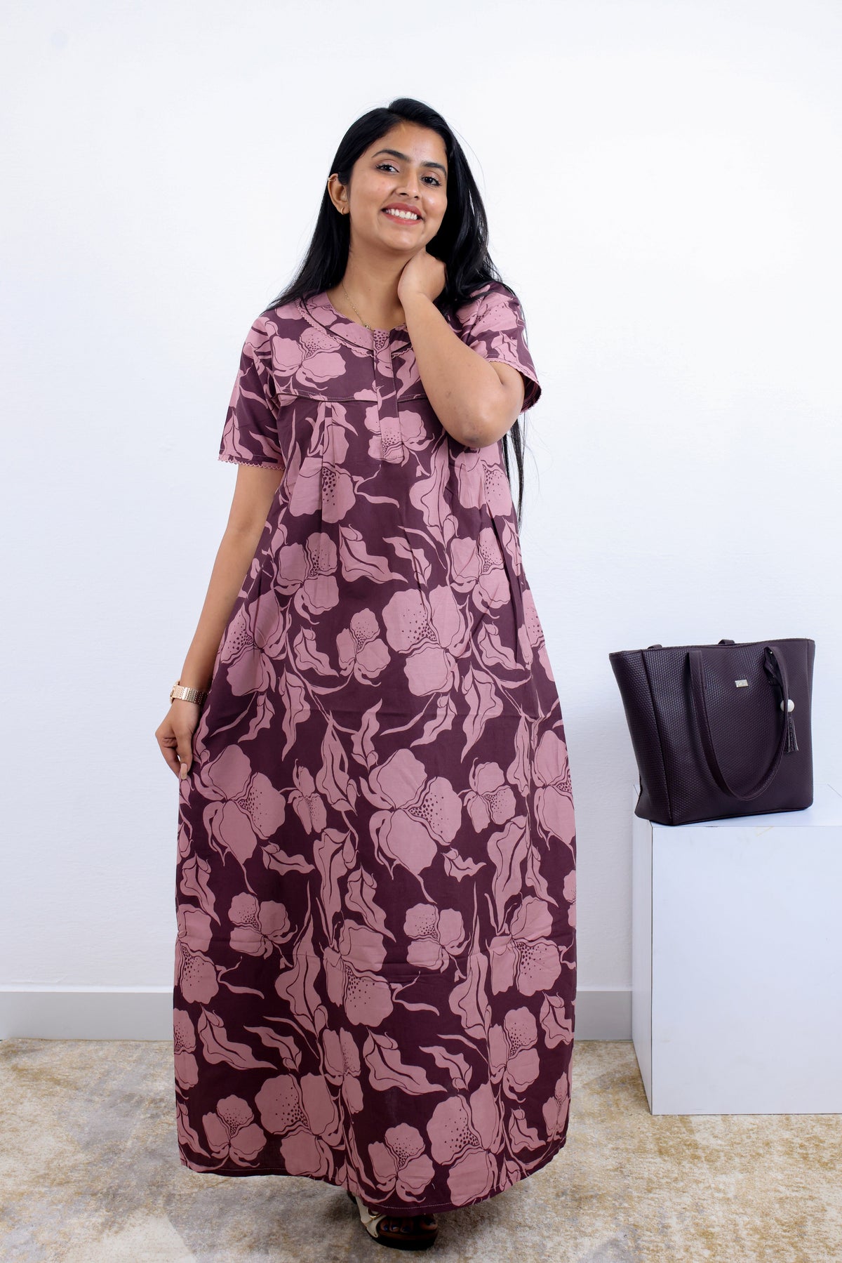 MANGAI Premium Cotton Printed Pleated Model Half Sleeve 3XL Size Nighties - Fancy Neck | With Side Pocket |Shrinkage Free Nighties | Trendy Collection's for Stylish Women's (3PZZ)