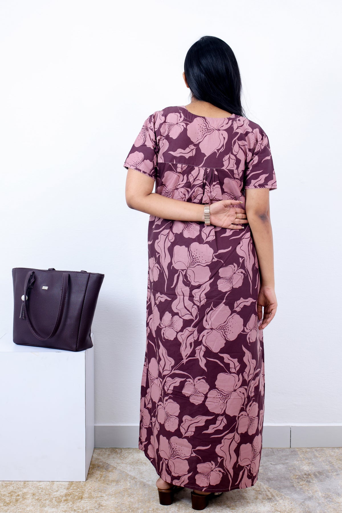 MANGAI Cotton Printed Pleated Nighties - All Over Printed Stylish Nighties | Side Cut Pocket | Front Open Zipper Type | Beautiful Nighties for Stylish Women's (SLB-P)