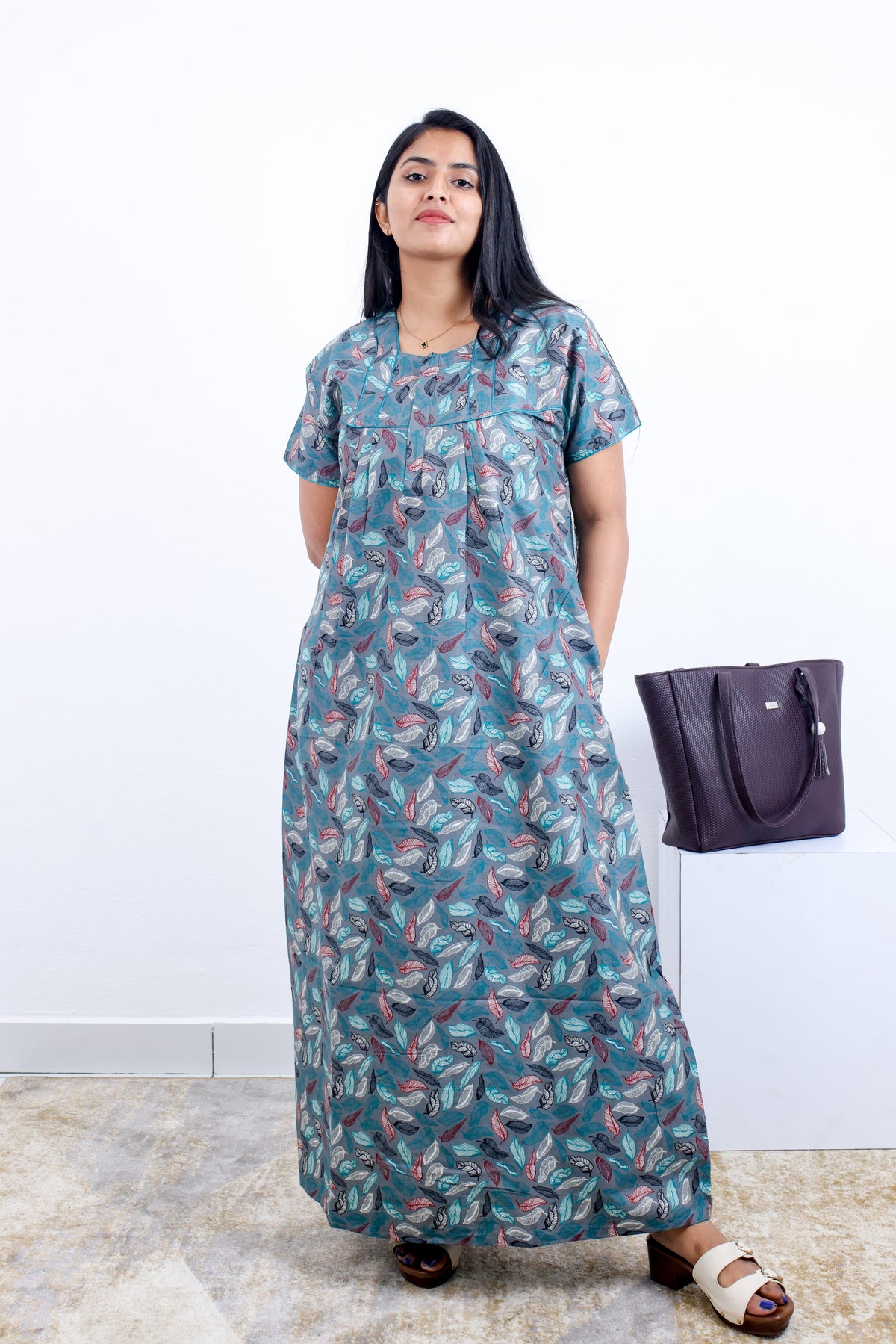 MANGAI Premium Cotton Printed Pleated Model Half Sleeve 3XL Size Nighties - Fancy Neck | With Side Pocket |Shrinkage Free Nighties | Trendy Collection's for Stylish Women's (3PZZ)