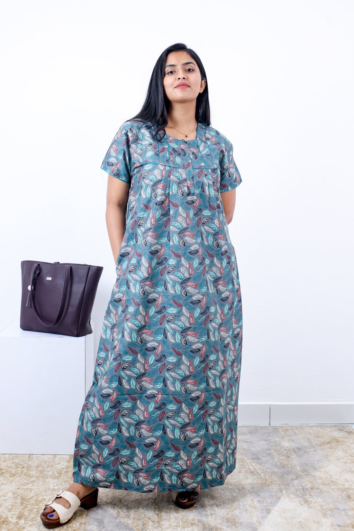 MANGAI Cotton Printed Pleated Nighties - All Over Printed Stylish Nighties | Side Cut Pocket | Front Open Zipper Type | Beautiful Nighties for Stylish Women's (SLB-P)