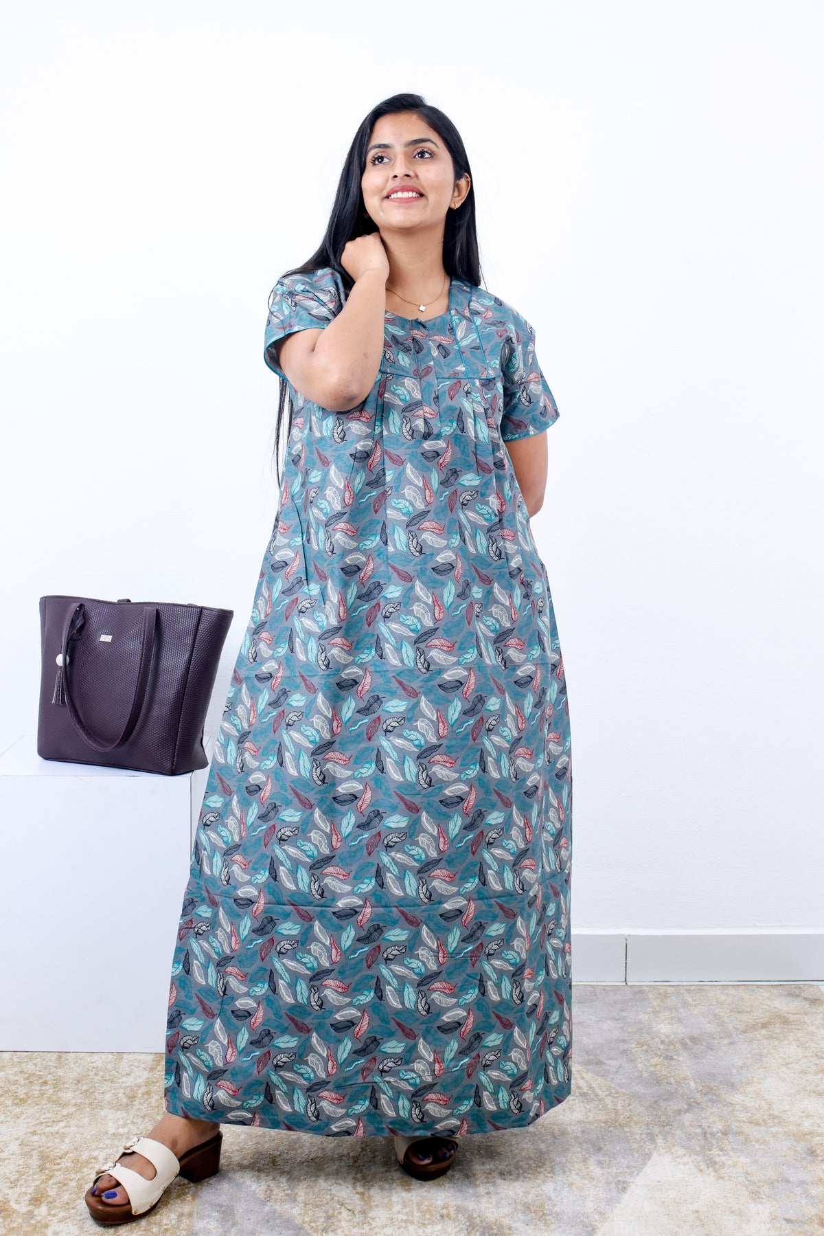 MANGAI Cotton Printed Pleated Nighties - All Over Printed Stylish Nighties | Side Cut Pocket | Front Open Zipper Type | Beautiful Nighties for Stylish Women's (SLB-P)