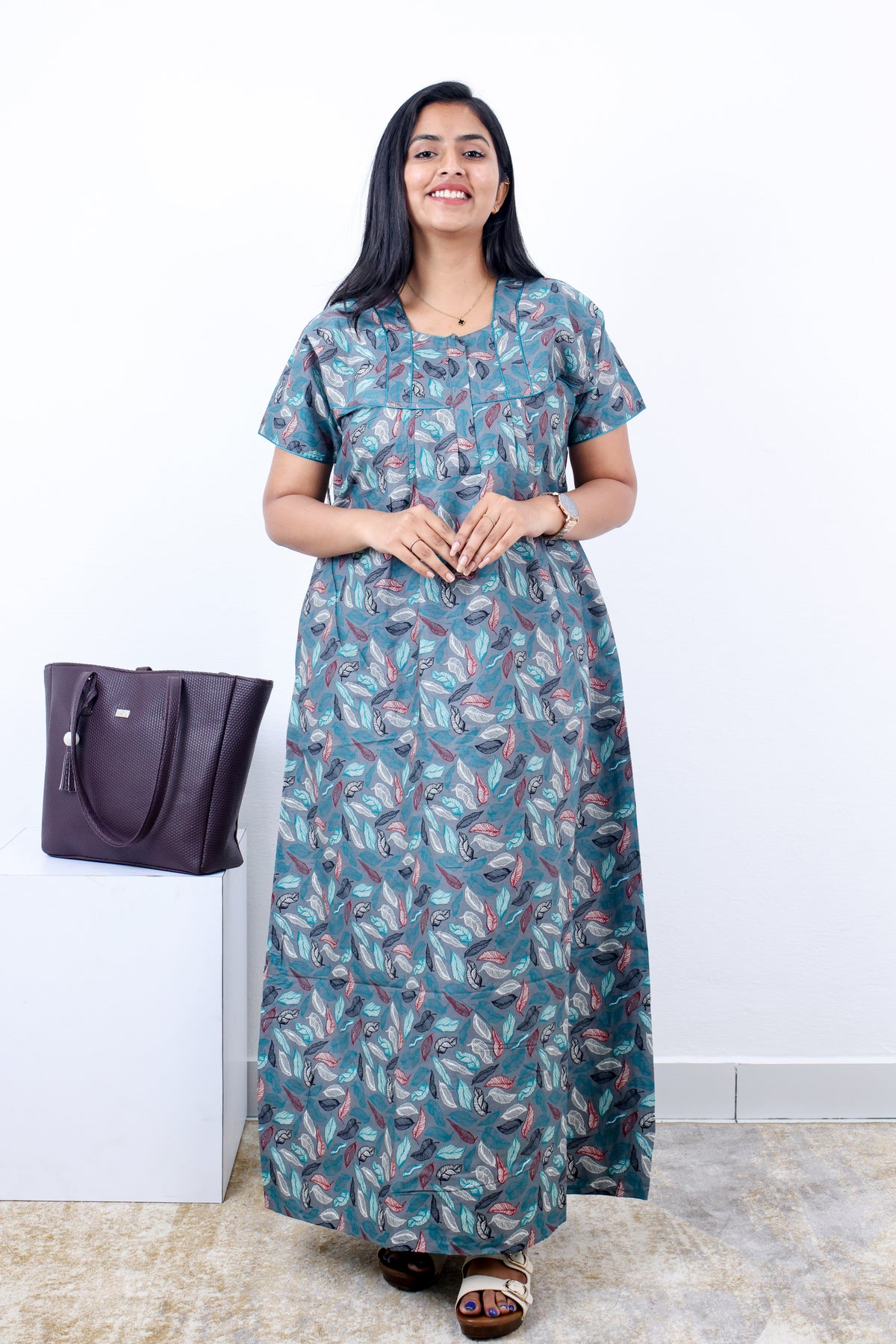 MANGAI Cotton Printed Pleated Nighties - All Over Printed Stylish Nighties | Side Cut Pocket | Front Open Zipper Type | Beautiful Nighties for Stylish Women's (SLB-P)