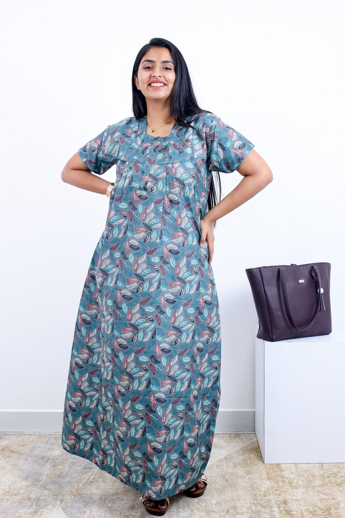 MANGAI Premium Cotton Printed Pleated Model Half Sleeve 3XL Size Nighties - Fancy Neck | With Side Pocket |Shrinkage Free Nighties | Trendy Collection's for Stylish Women's (3PZZ)