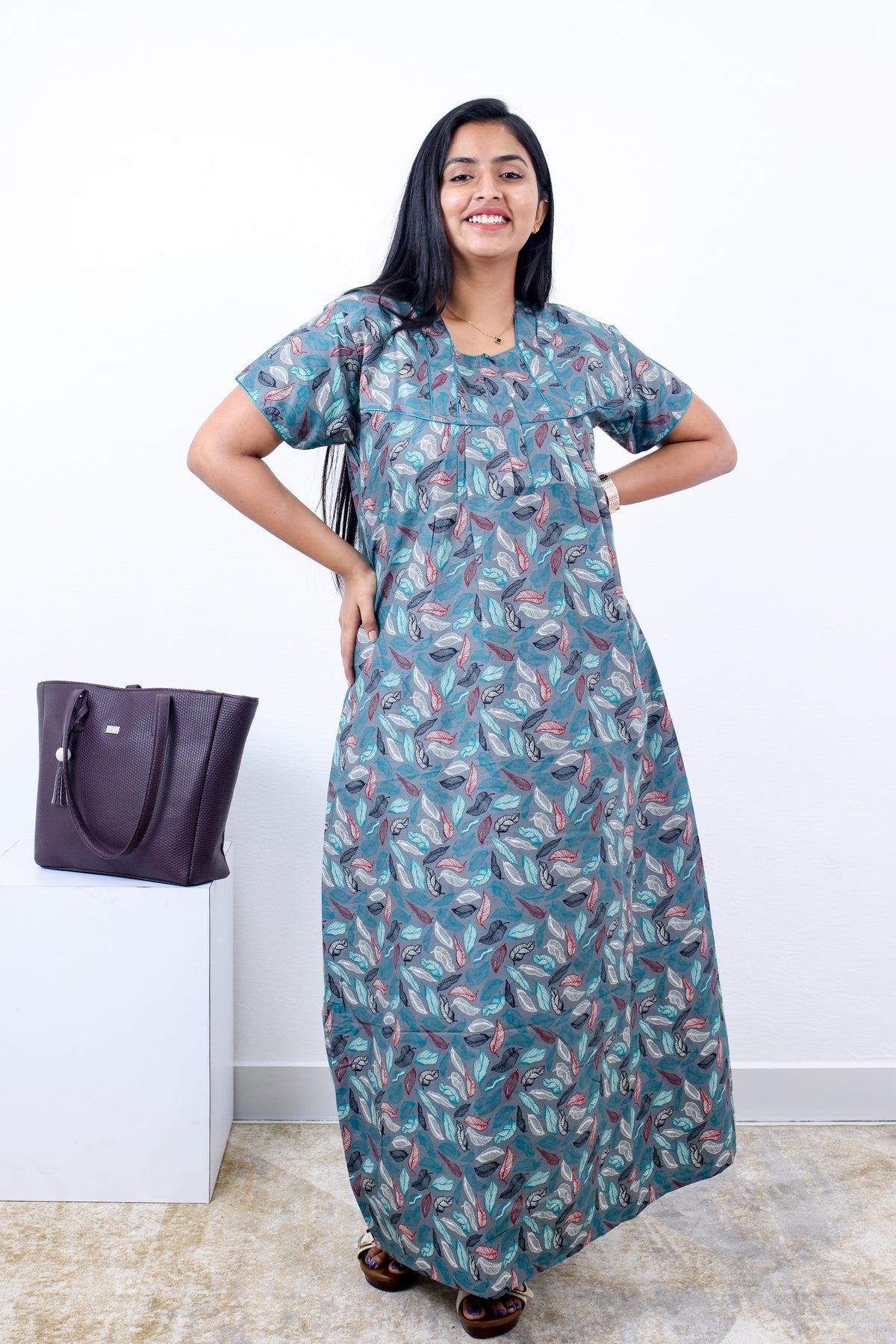 MANGAI Cotton Printed Pleated Nighties - All Over Printed Stylish Nighties | Side Cut Pocket | Front Open Zipper Type | Beautiful Nighties for Stylish Women's (SLB-P)
