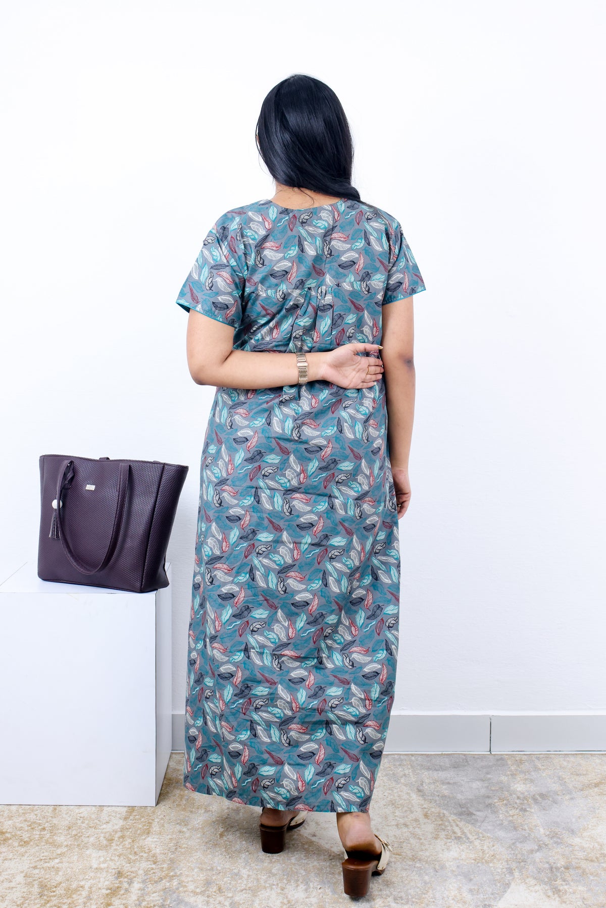 MANGAI Cotton Printed Pleated Nighties - All Over Printed Stylish Nighties | Side Cut Pocket | Front Open Zipper Type | Beautiful Nighties for Stylish Women's (SLB-P)