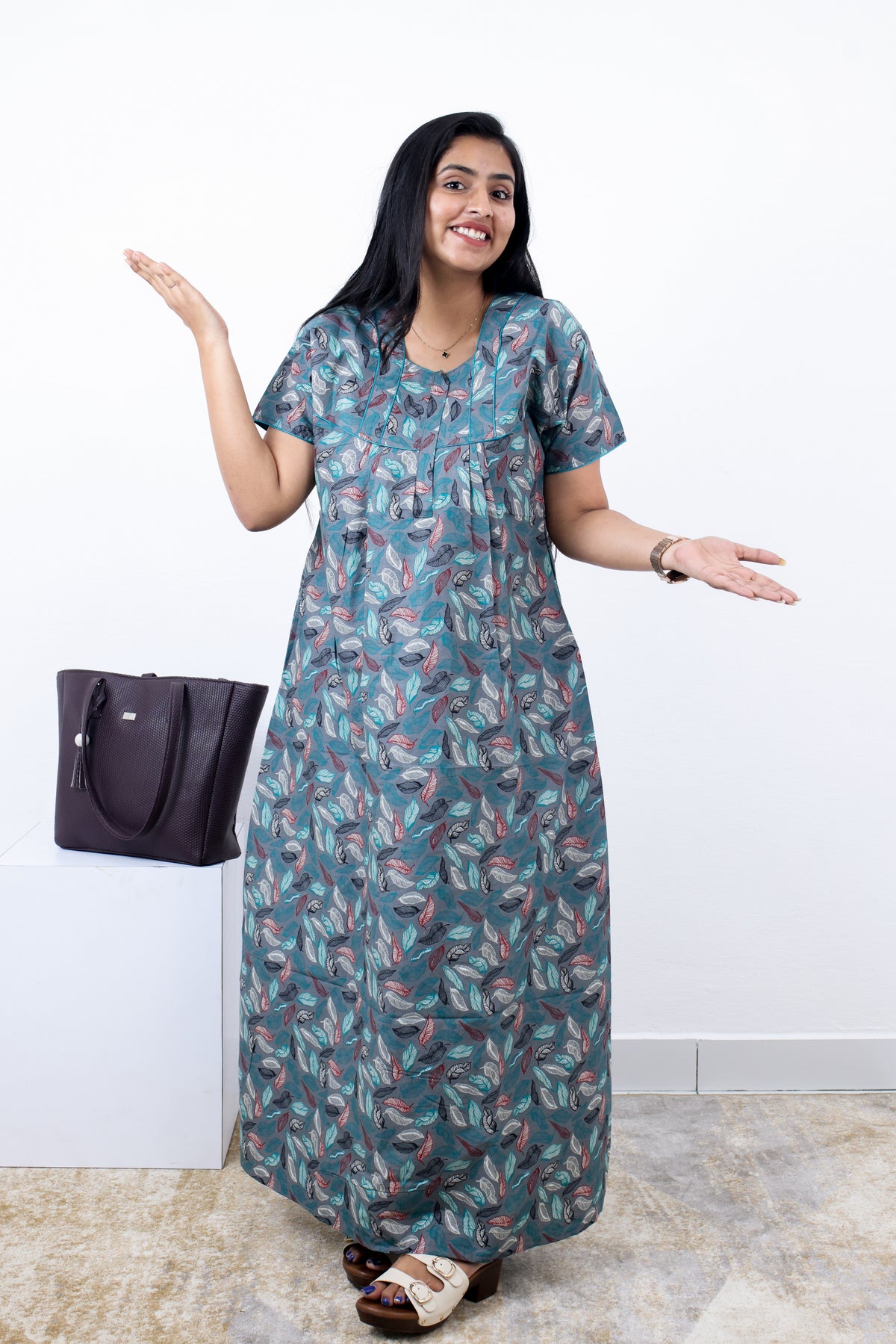 MANGAI Premium Cotton Printed Pleated Model Half Sleeve 3XL Size Nighties - Fancy Neck | With Side Pocket |Shrinkage Free Nighties | Trendy Collection's for Stylish Women's (3PZZ)